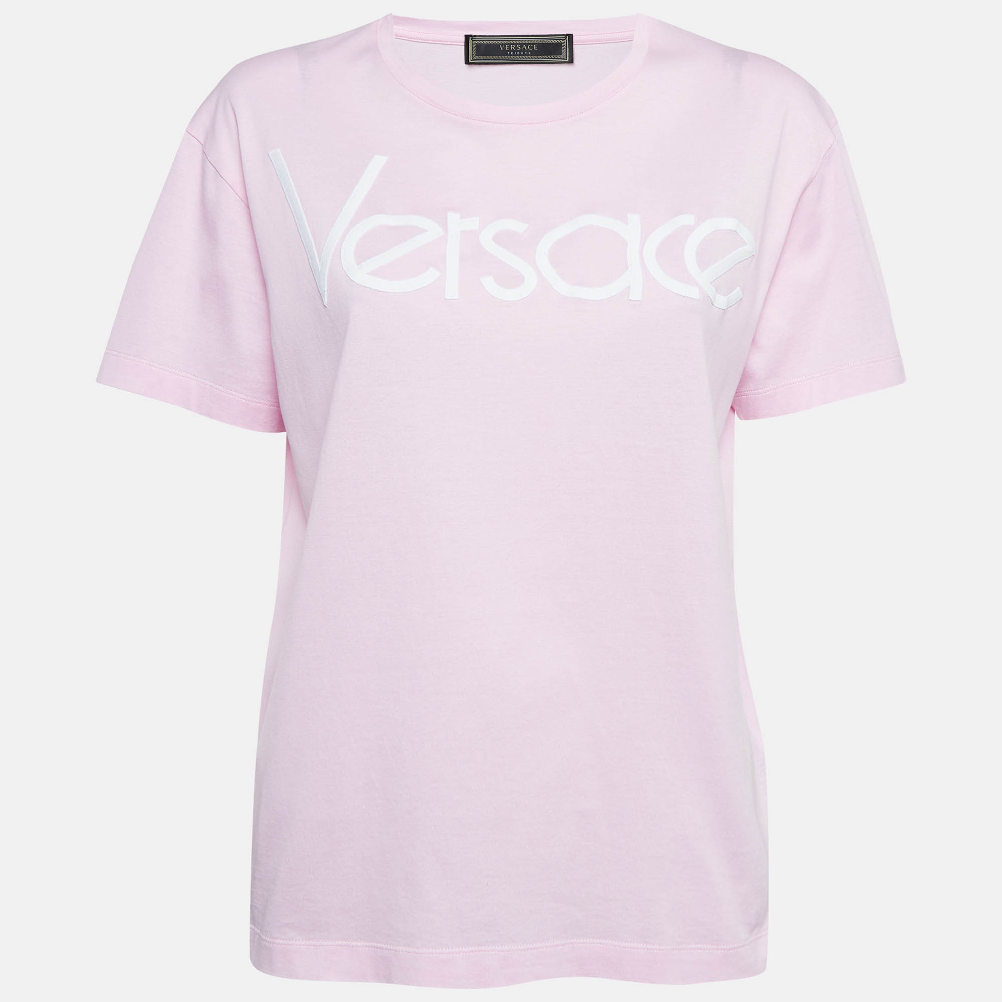 Pre Owned Versace Tribute Pink Logo Embroidered Cotton Knit T-Shirt S