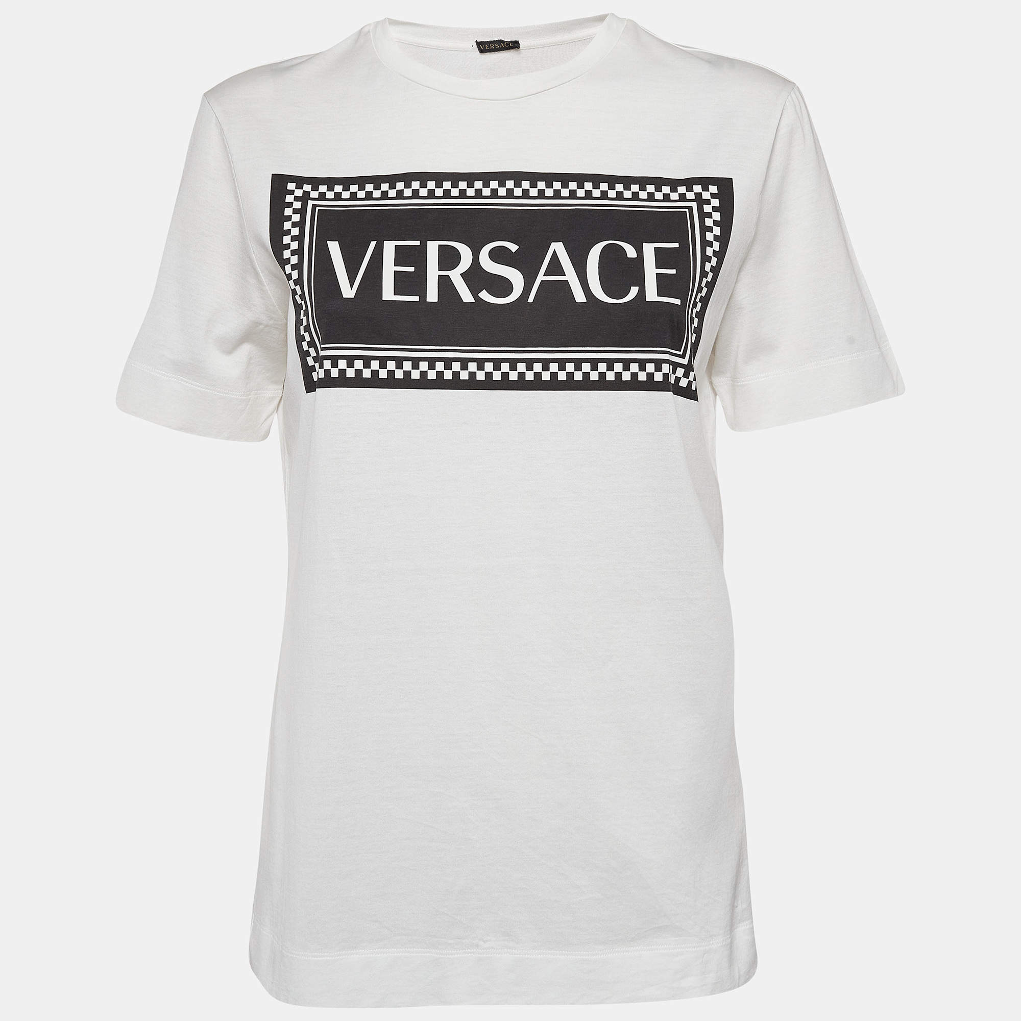 Pre Owned Versace White Logo Print Cotton T-Shirt S