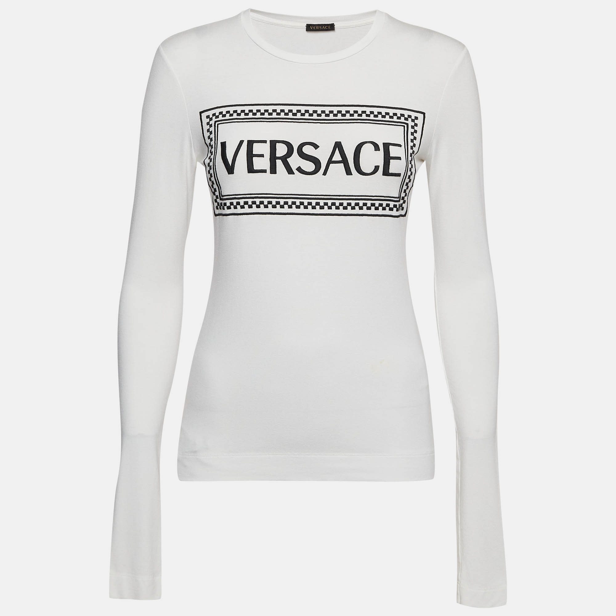 Pre Owned Versace White Logo Print Jersey Long Sleeve T-Shirt M