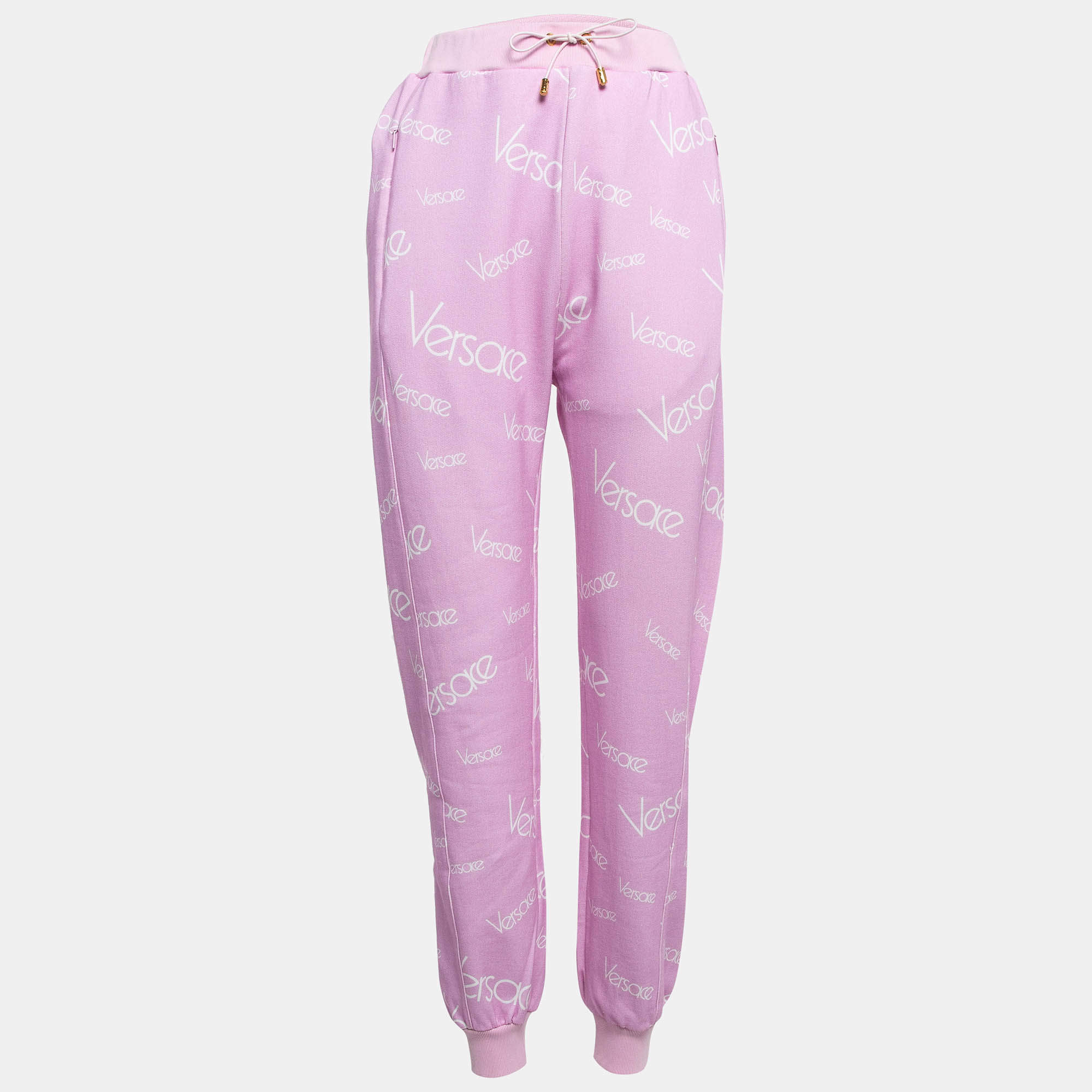 Pre Owned Versace Pink Monogram Print Cotton Jogger Pants S