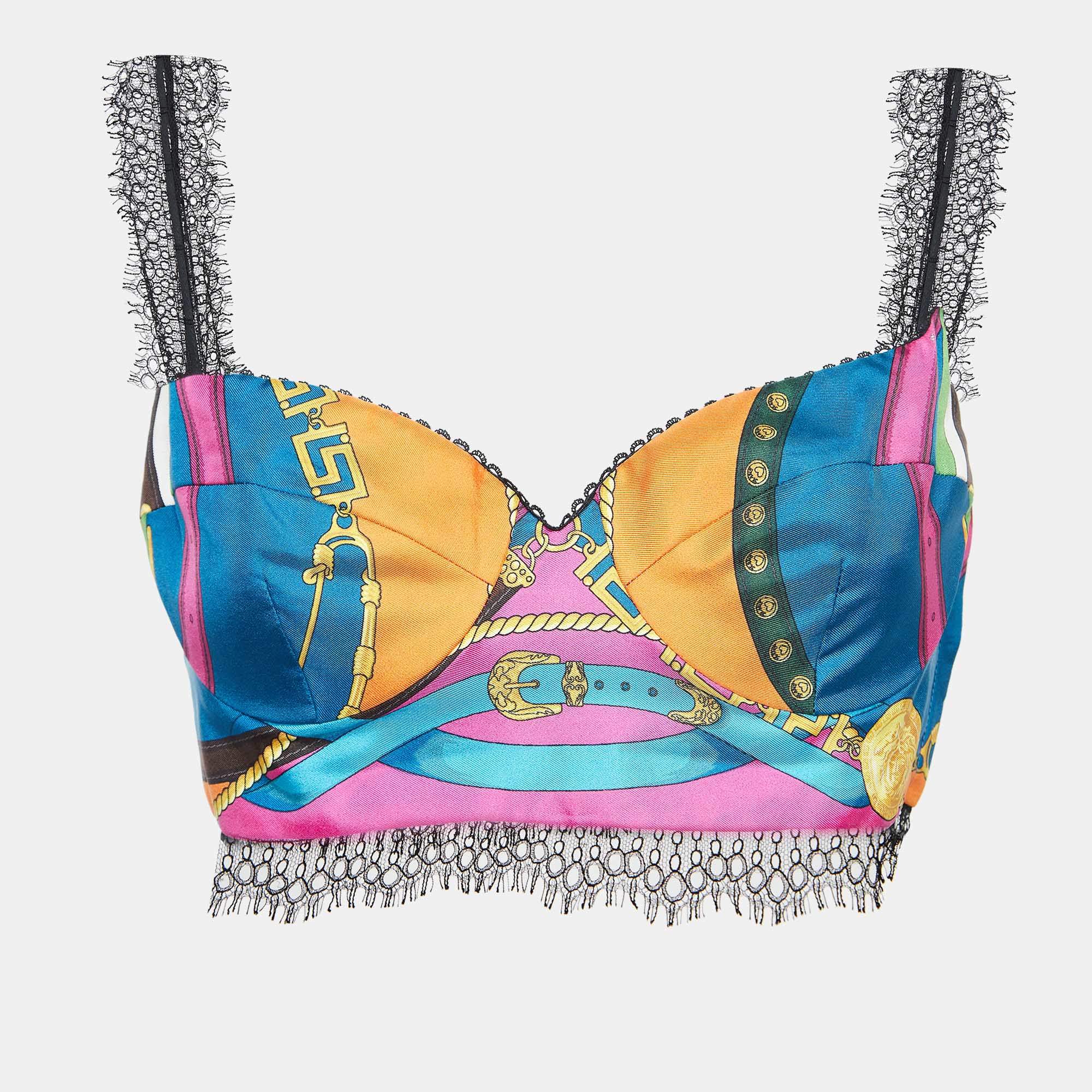 Versace Black/Multicolor Print Silk Crop Top M