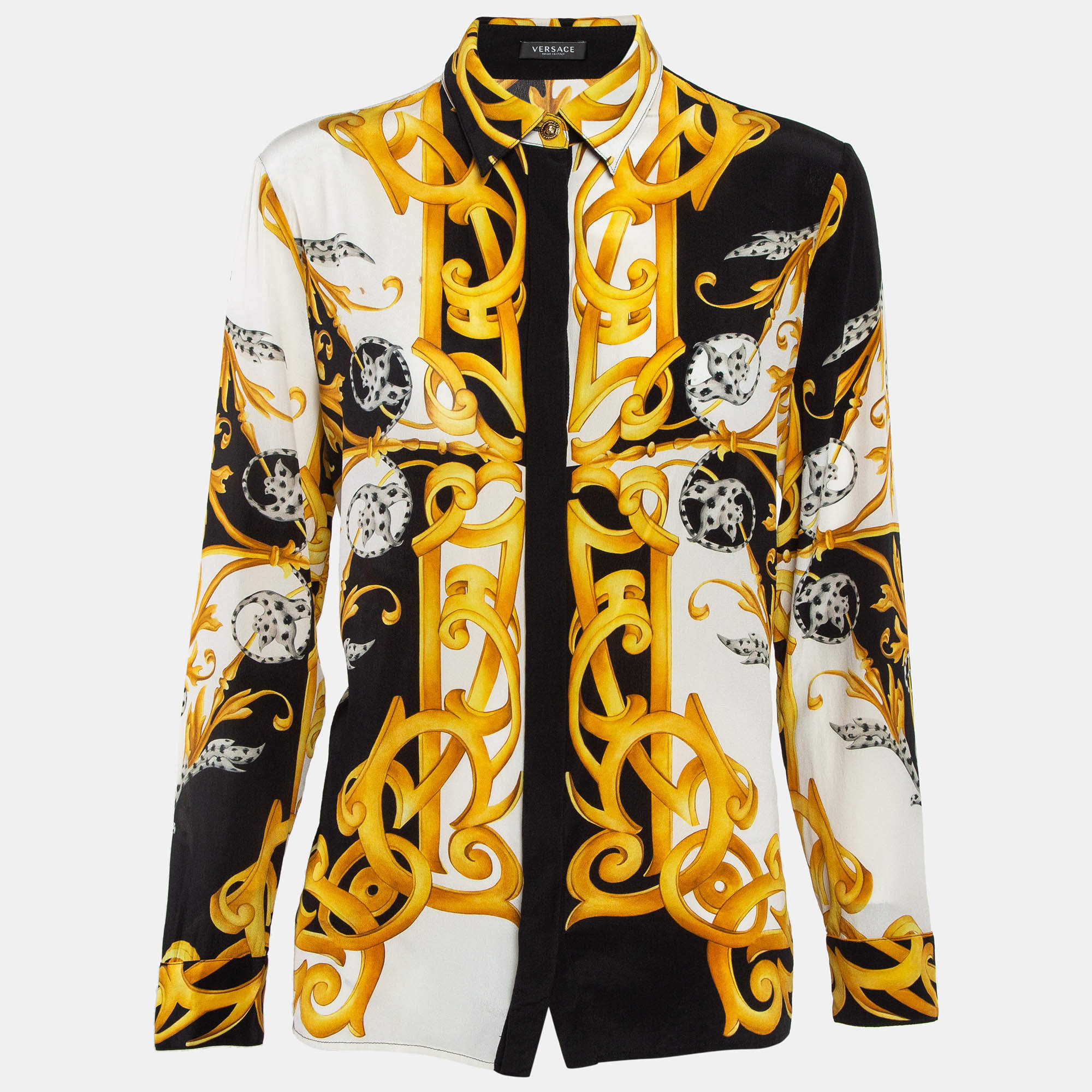 Pre Owned Versace Yellow Barocco Print Silk Button Front Shirt M
