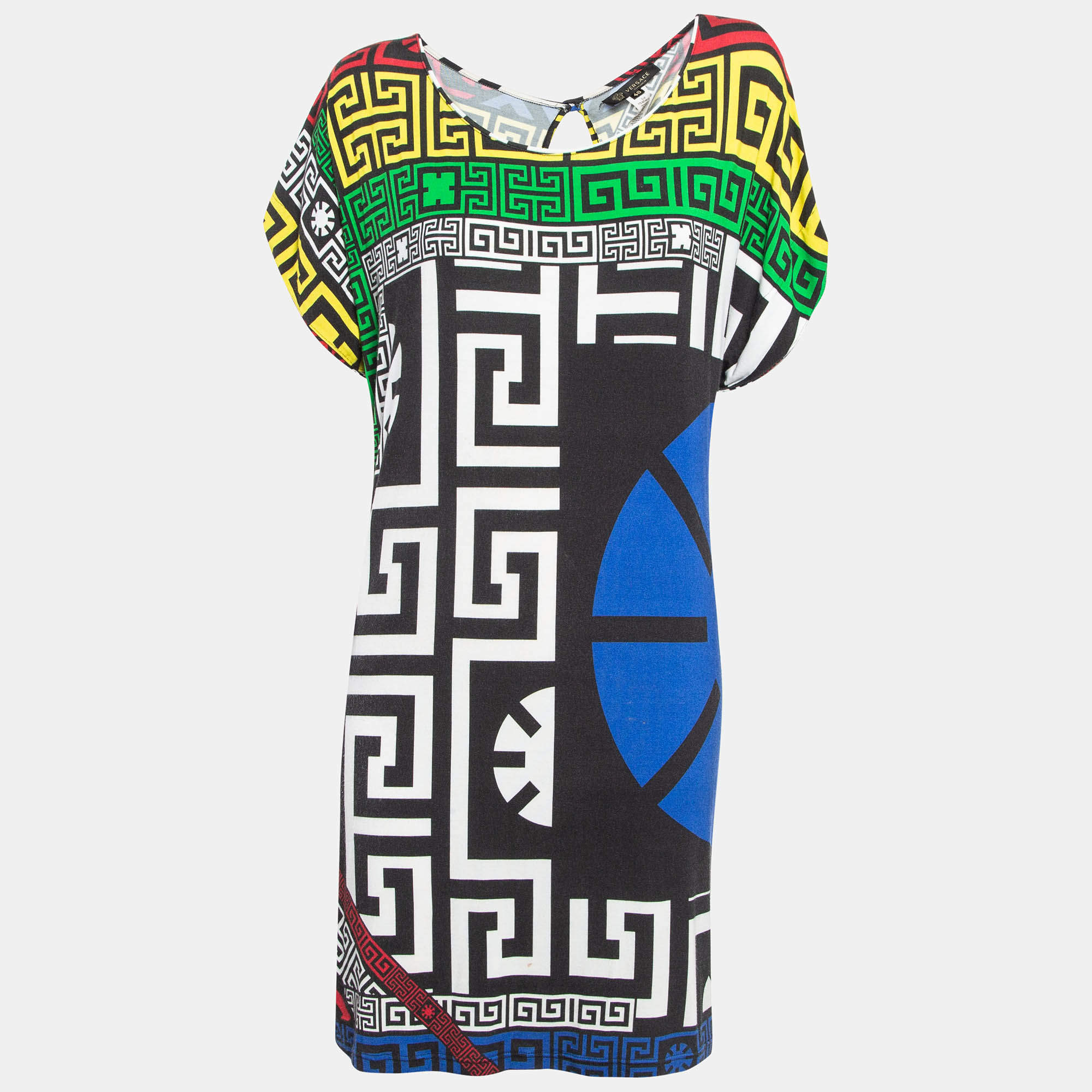 Versace Multicolor Geometric Greek Print Jersey Mini Dress L