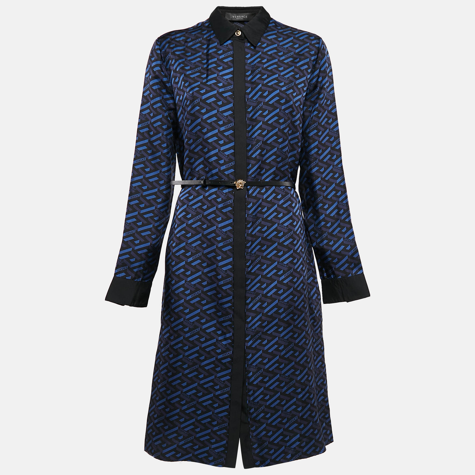 Pre Owned Versace Blue/Black Geometric Print Silk Belted Shirt Dress M