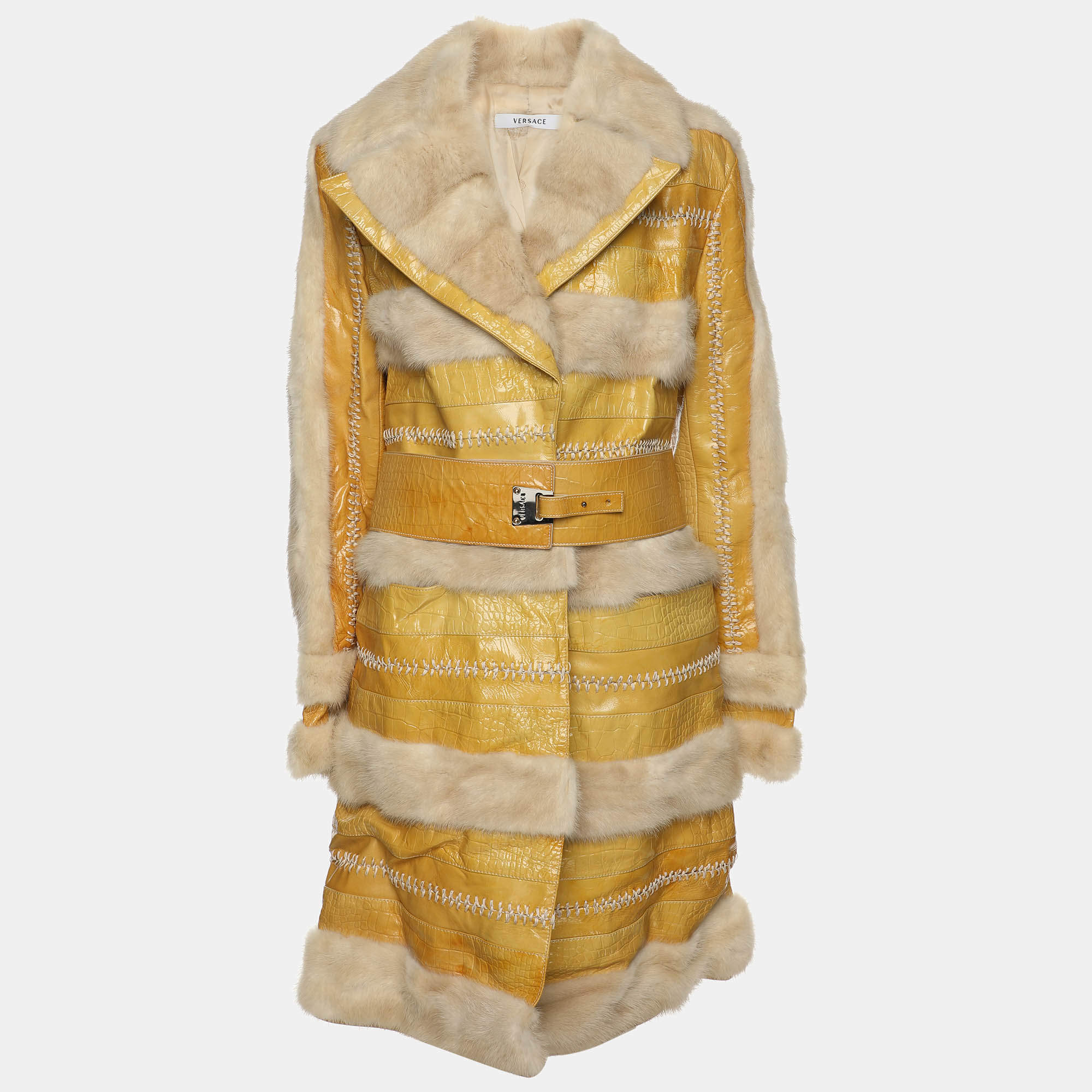 Pre Owned Versace Yellow/Beige Leather and Mink Fur Long Coat L