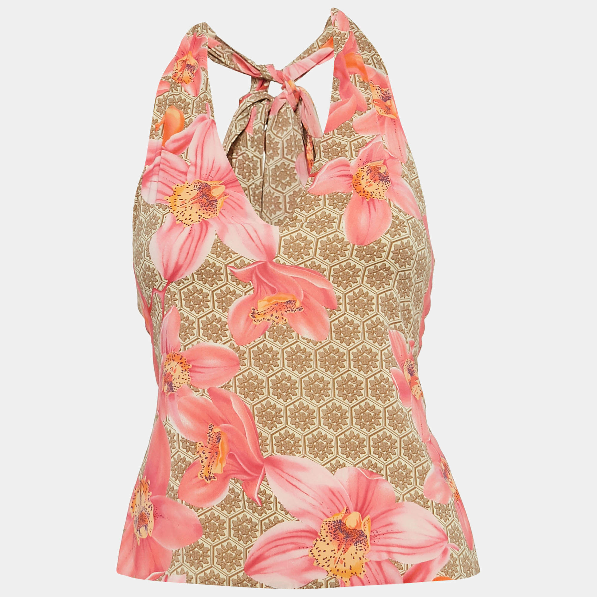 Versace Pink Floral Print Silk Drape Style Halter Neck Top S