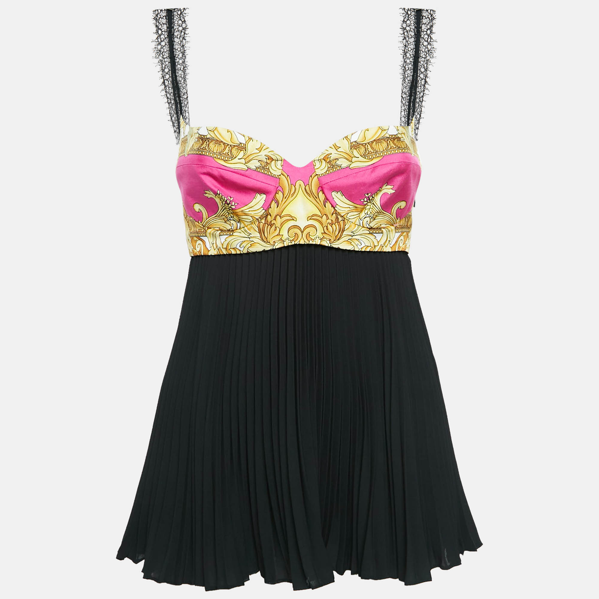 Pre Owned Versace Black Medusa Renaissance Print Silk Lace Top S