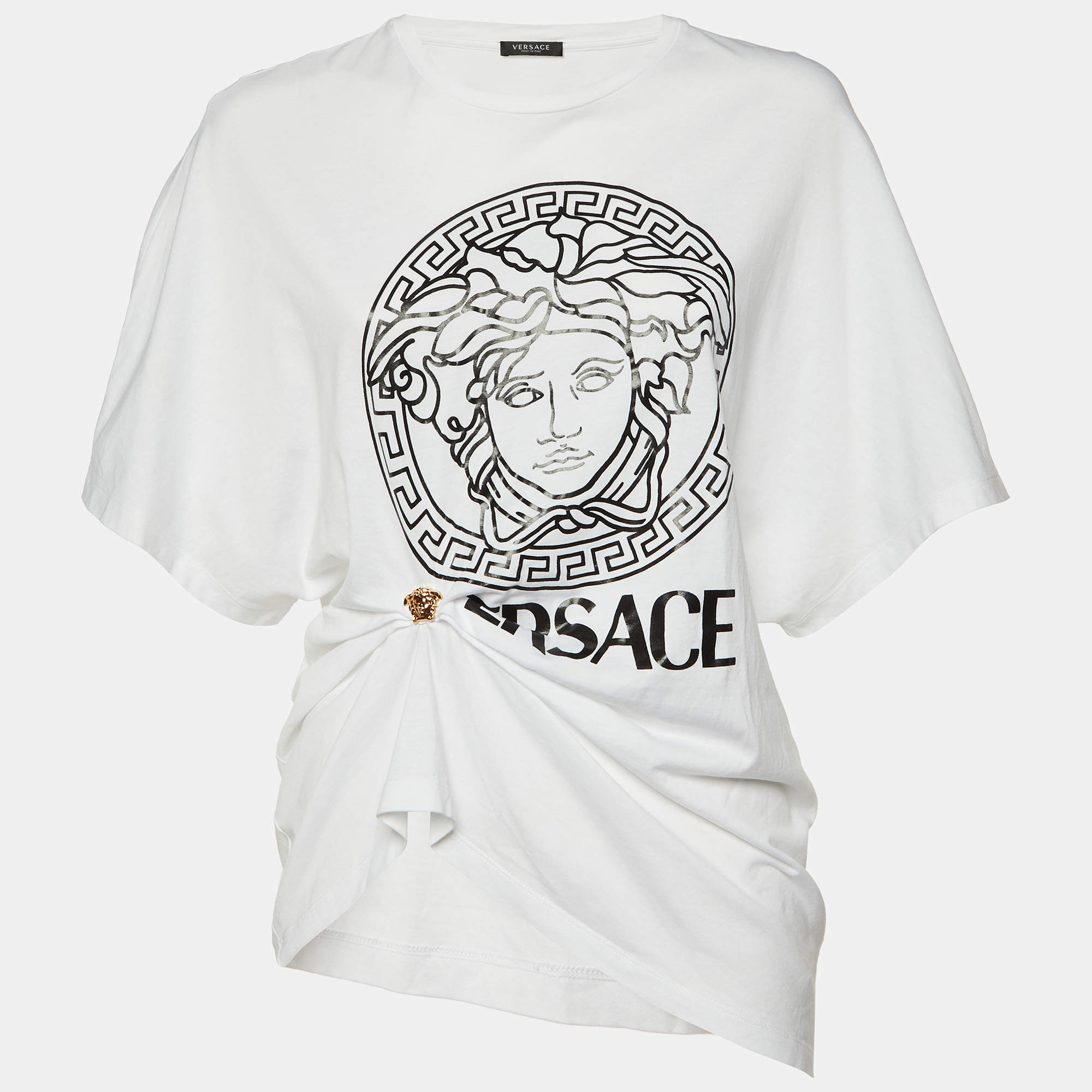 【関税&送料込み】Versace White Crewneck T-Shirt With Medu Versace White Logo Print Cotton Medusa Gathered Detail T
