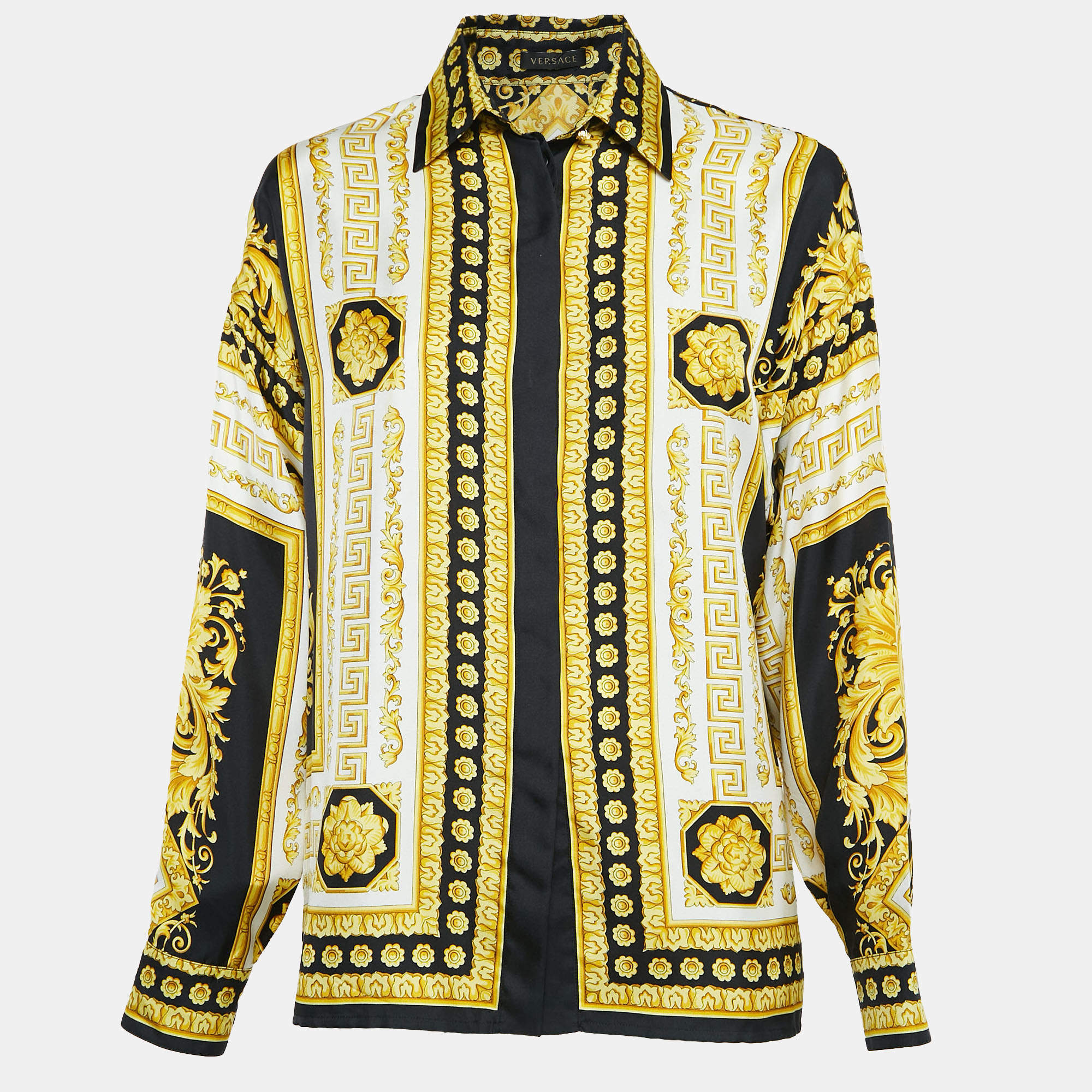 VERSACE バロック SS1992 長袖シャツ 黒・金・白 ヴェルサーチェ☆バロック模様長袖ブラウス (VERSACE/ブラウス