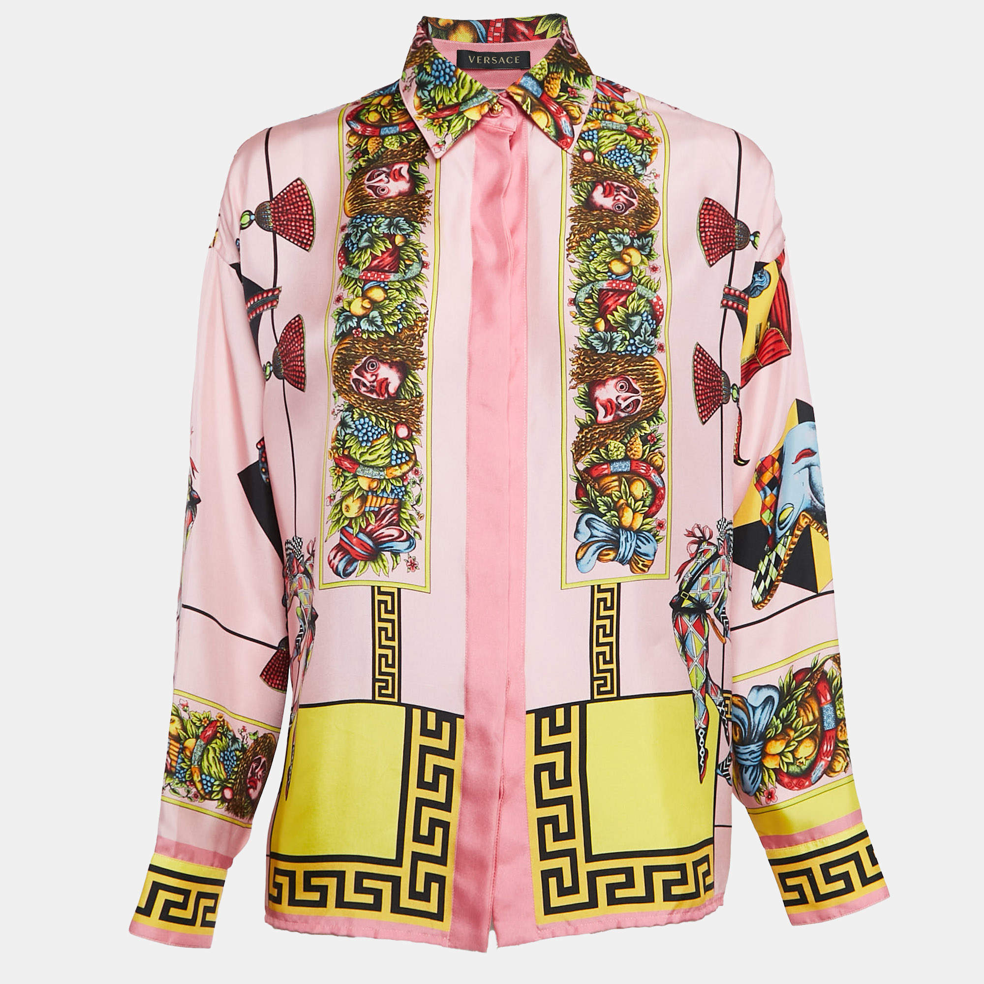 Pre Owned Versace Pink Printed Silk Long Sleeve Skirt S