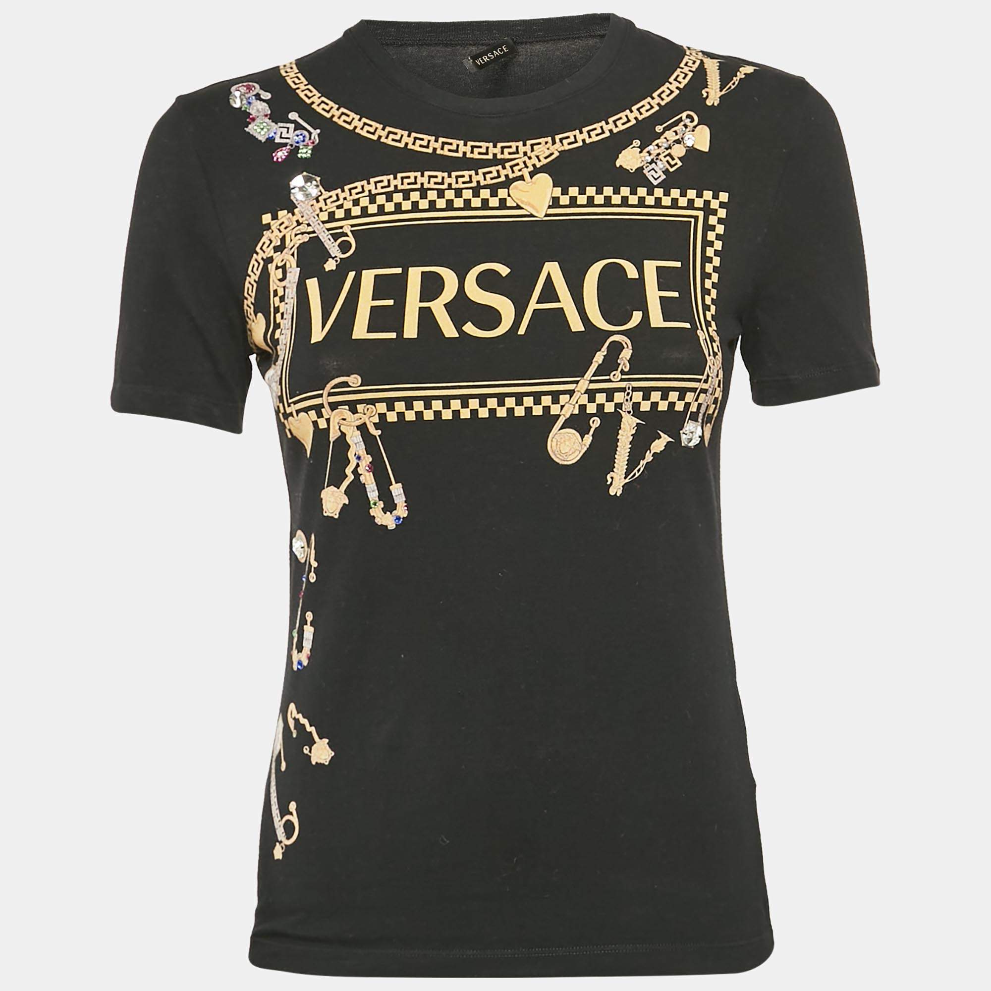 Pre Owned Versace Black Logo and Pins Print Jersey Embellished T-Shirt S