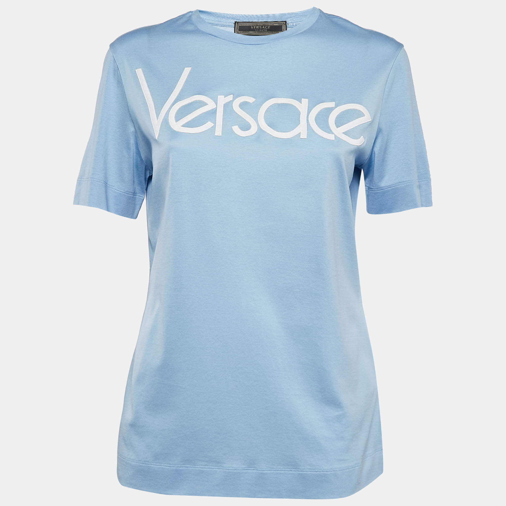 مملوكة مسبقًا Versace Blue Logo Embroidered Jersey T-Shirt S