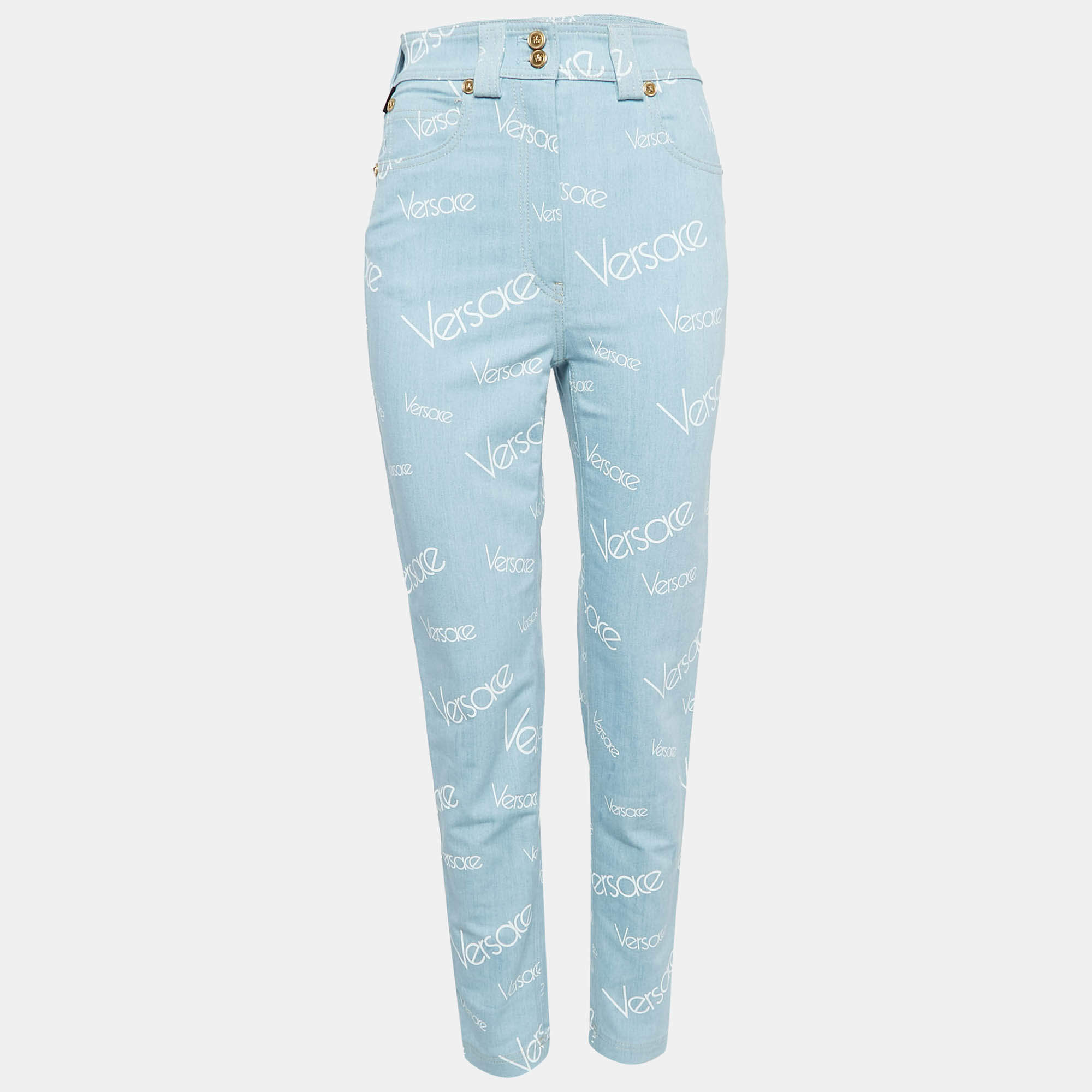 Pre Owned Versace Light Blue Logo All Over Print Denim Skinny Jeans S Waist 27"