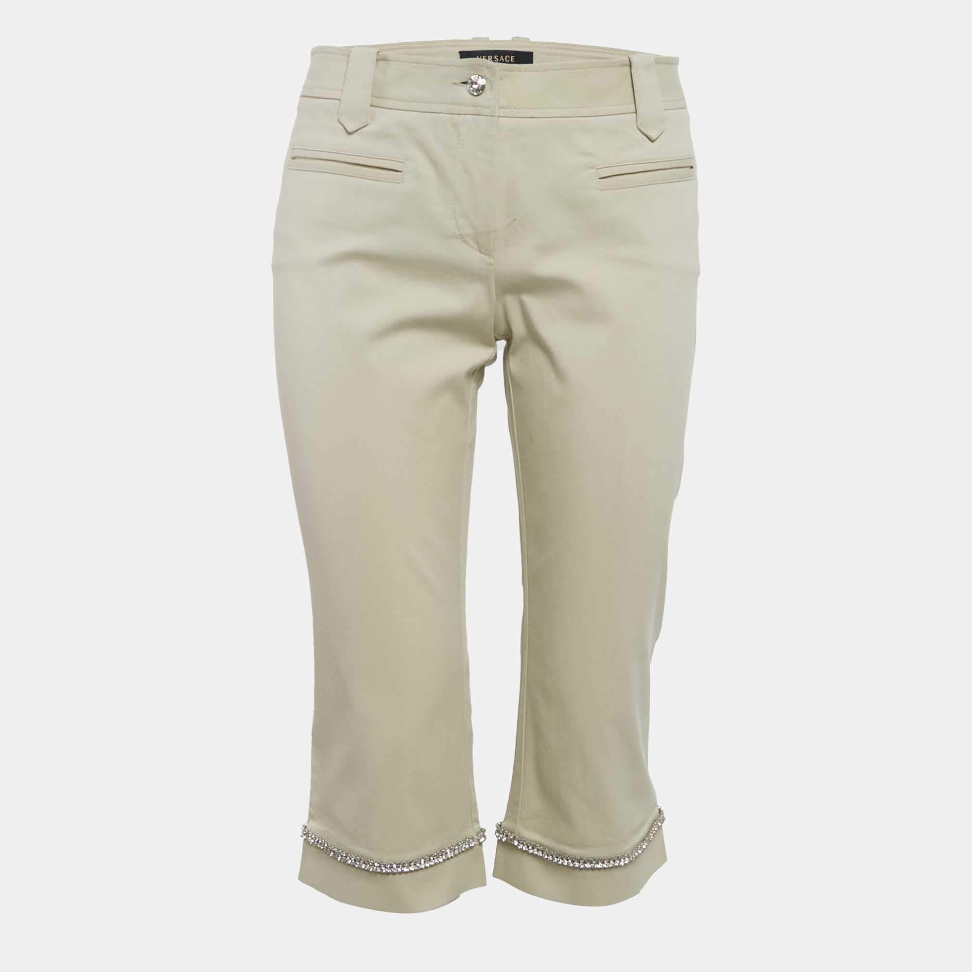 Versace Beige Studded Gabardine Cotton Capri Pants M 