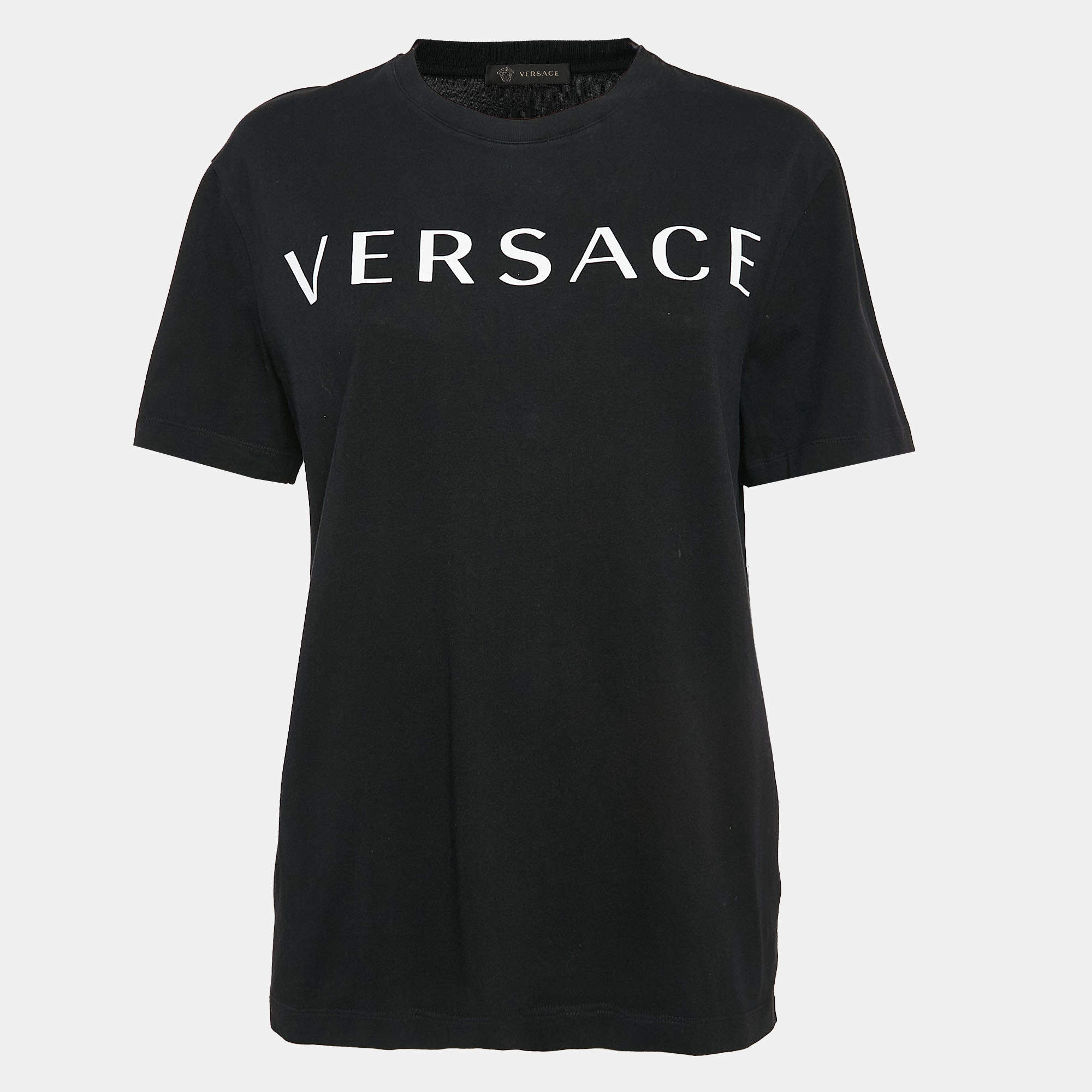 Pre Owned Versace Black Logo Print Cotton T-Shirt M