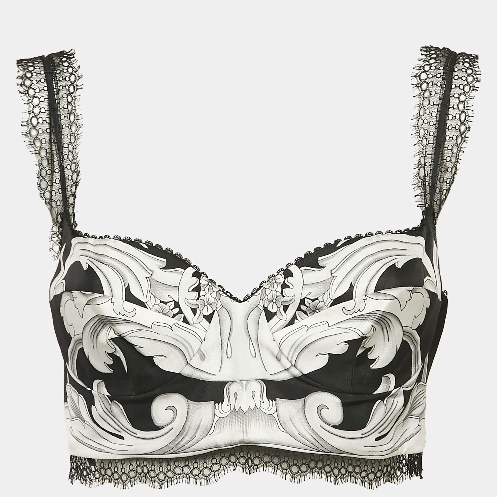 Pre Owned Versace Black/White Baroque Print Silk Bralette Top M