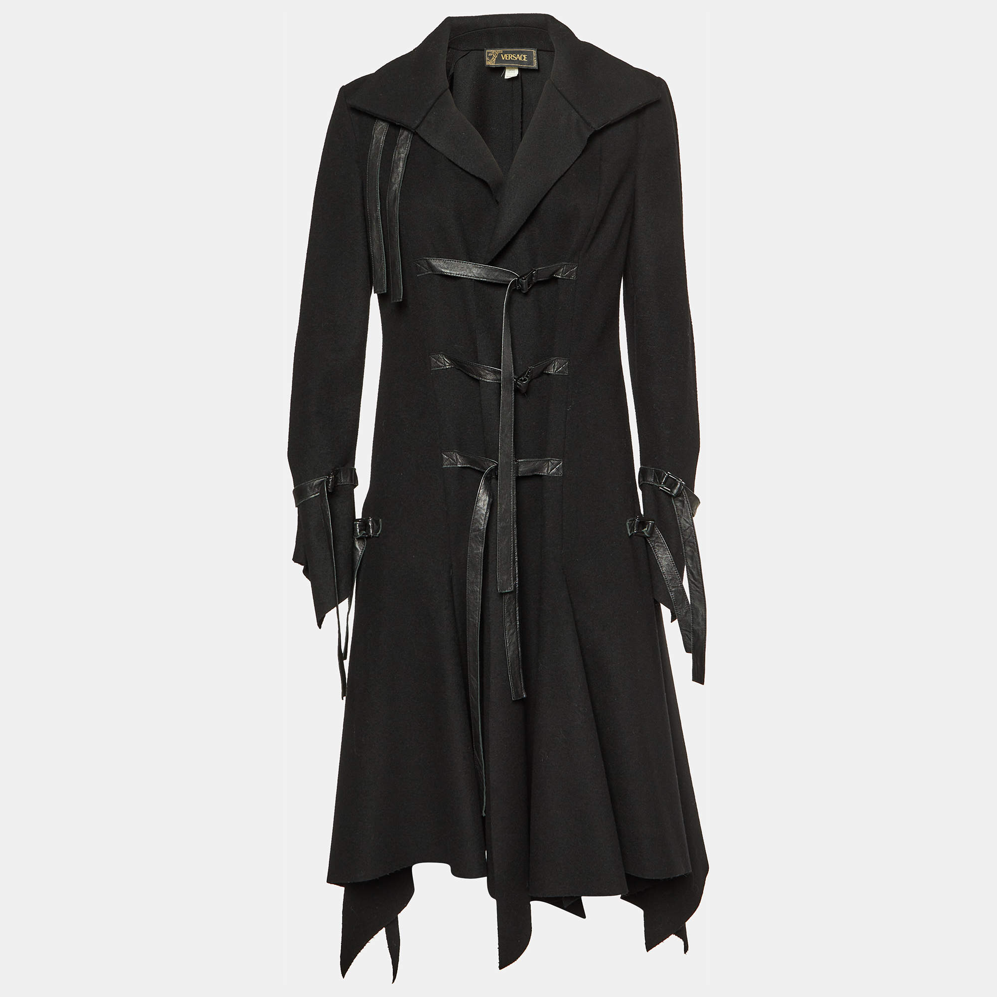 Versace Black Wool Leather Strap Detail Flared Coat M