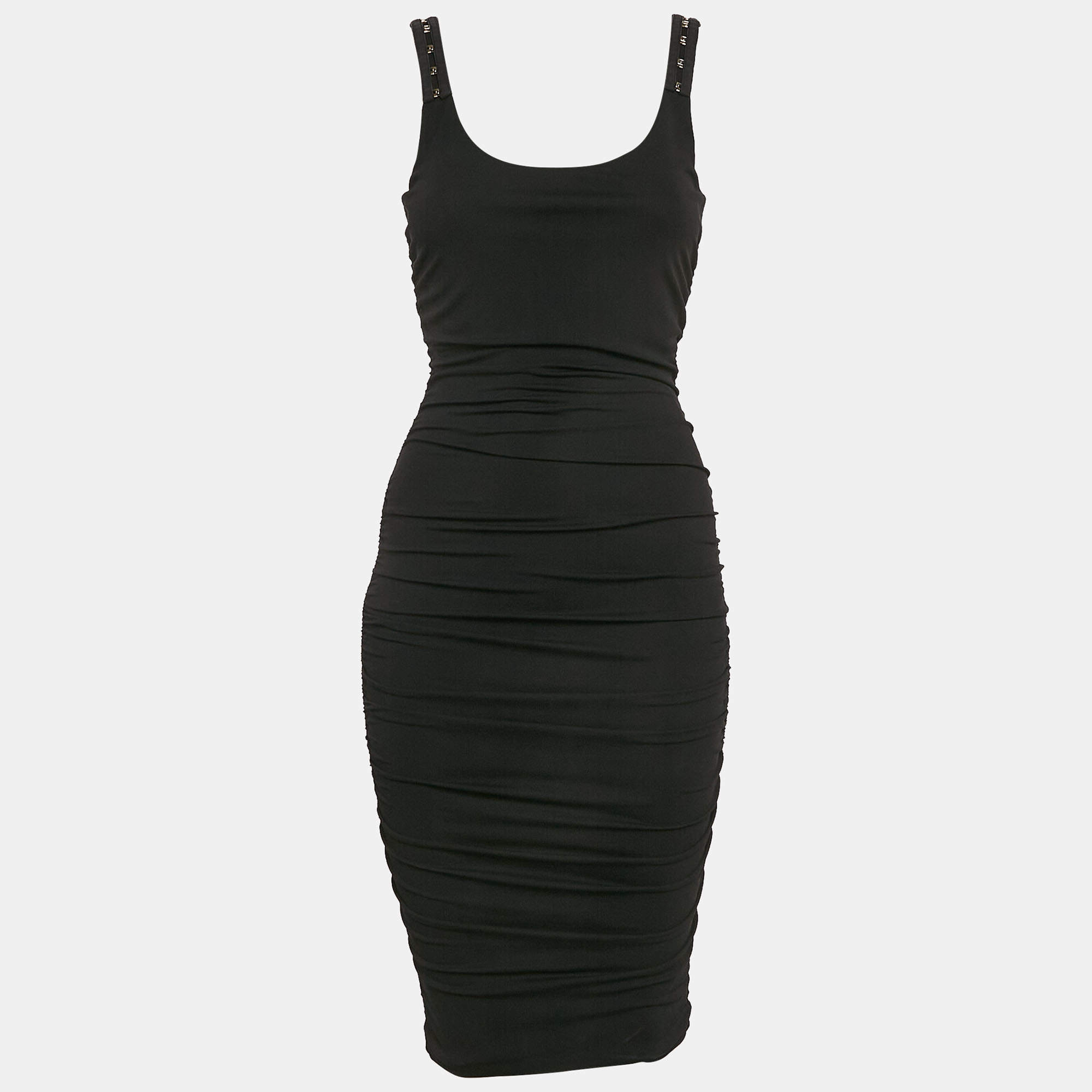 Pre Owned Versace Black Jersey Hook Detail Ruched Knee-Length Dress S