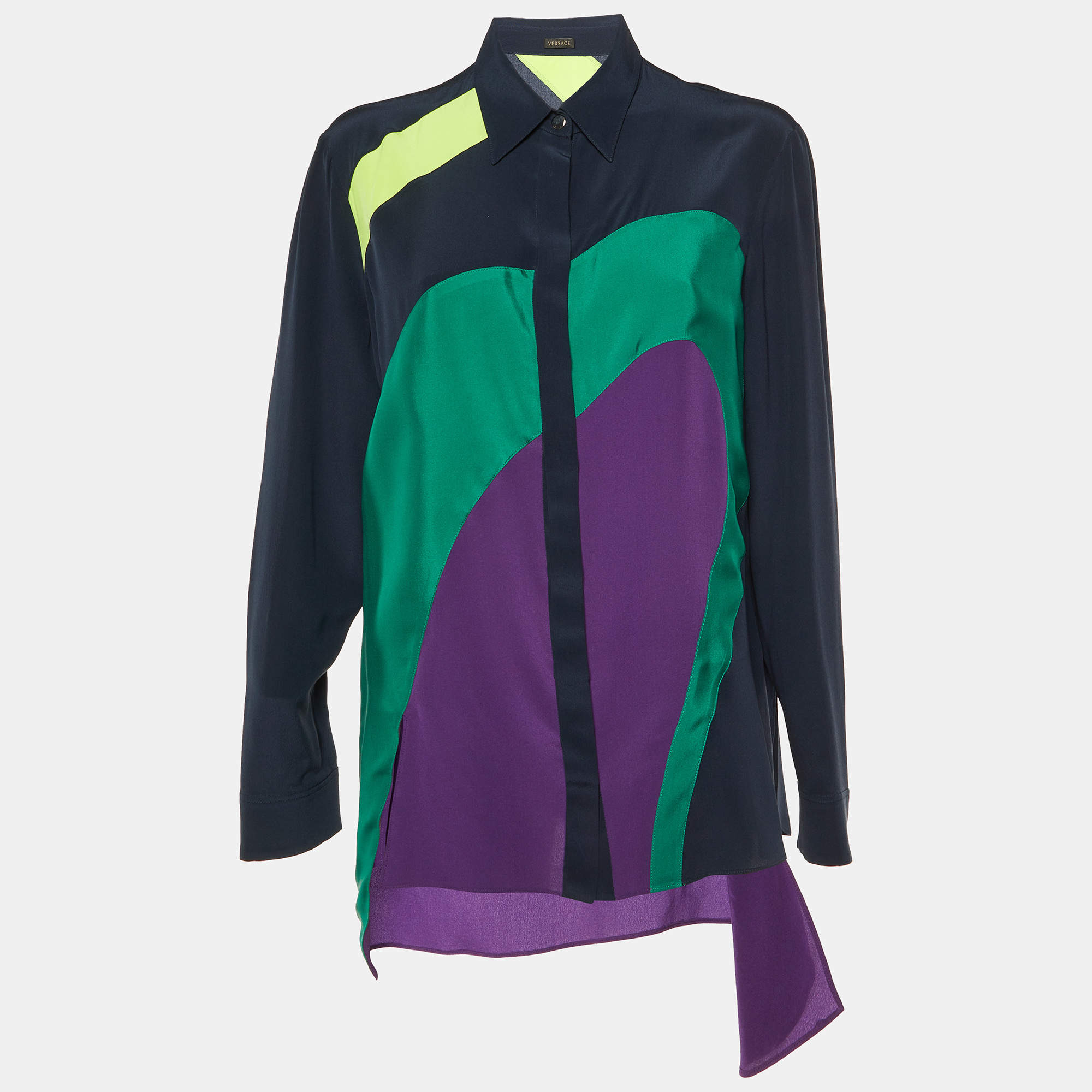 Versace Navy Blue Color Block Silk Asymmetric Shirt L