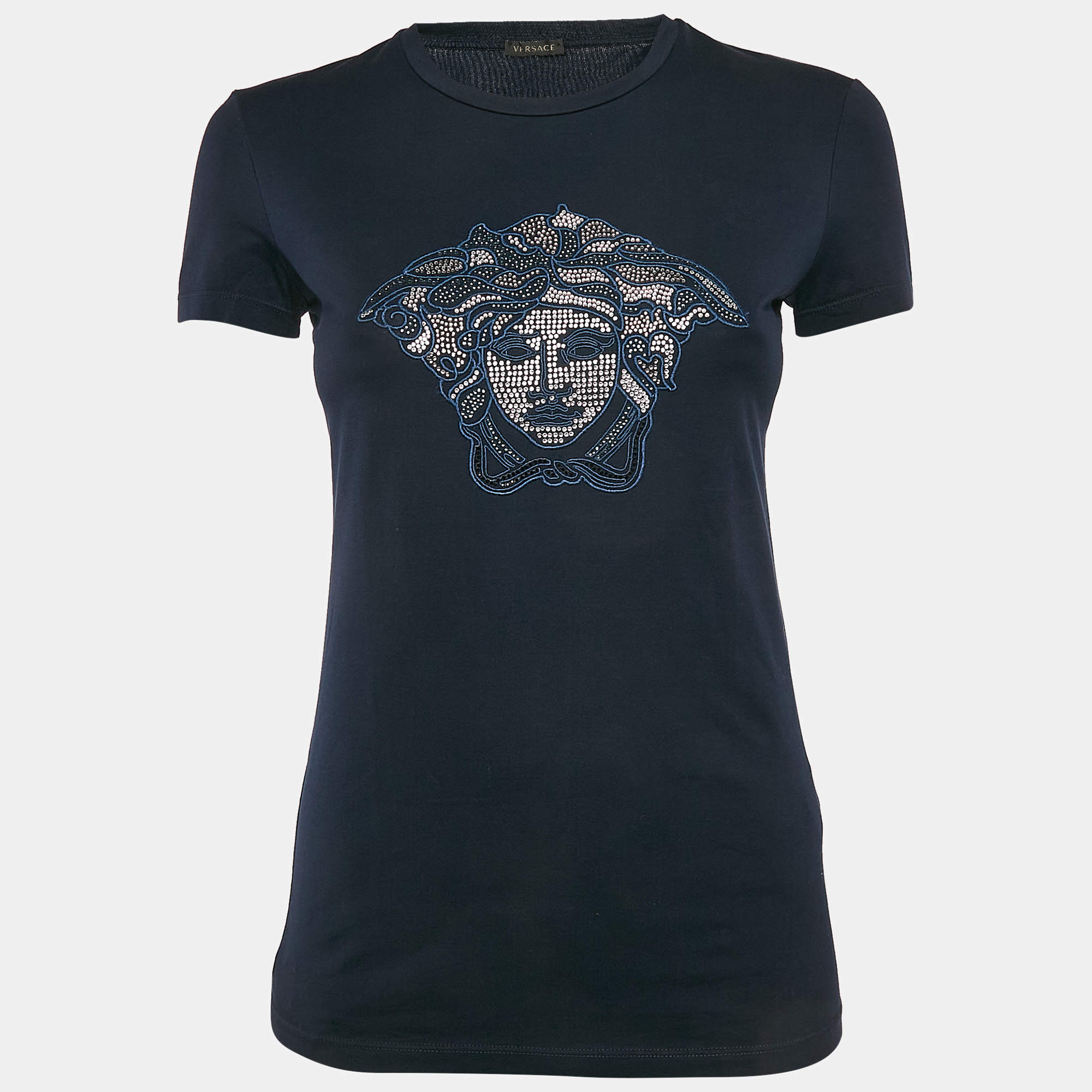 Pre Owned Versace Navy Blue Embellished Medusa Jersey T-Shirt M