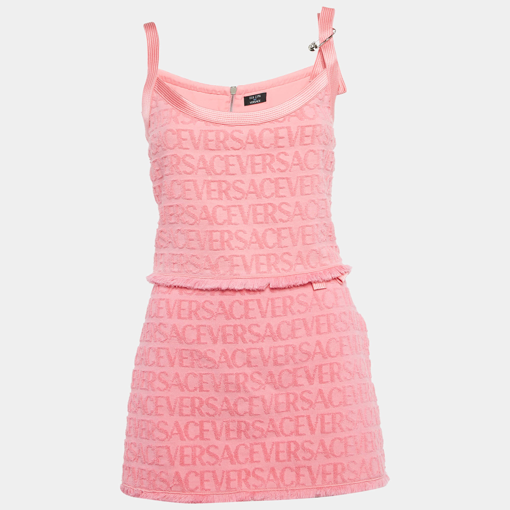 Versace x Dua Lipa Pink Monogram Terry Pin Embellished Skirt and Top Set S
