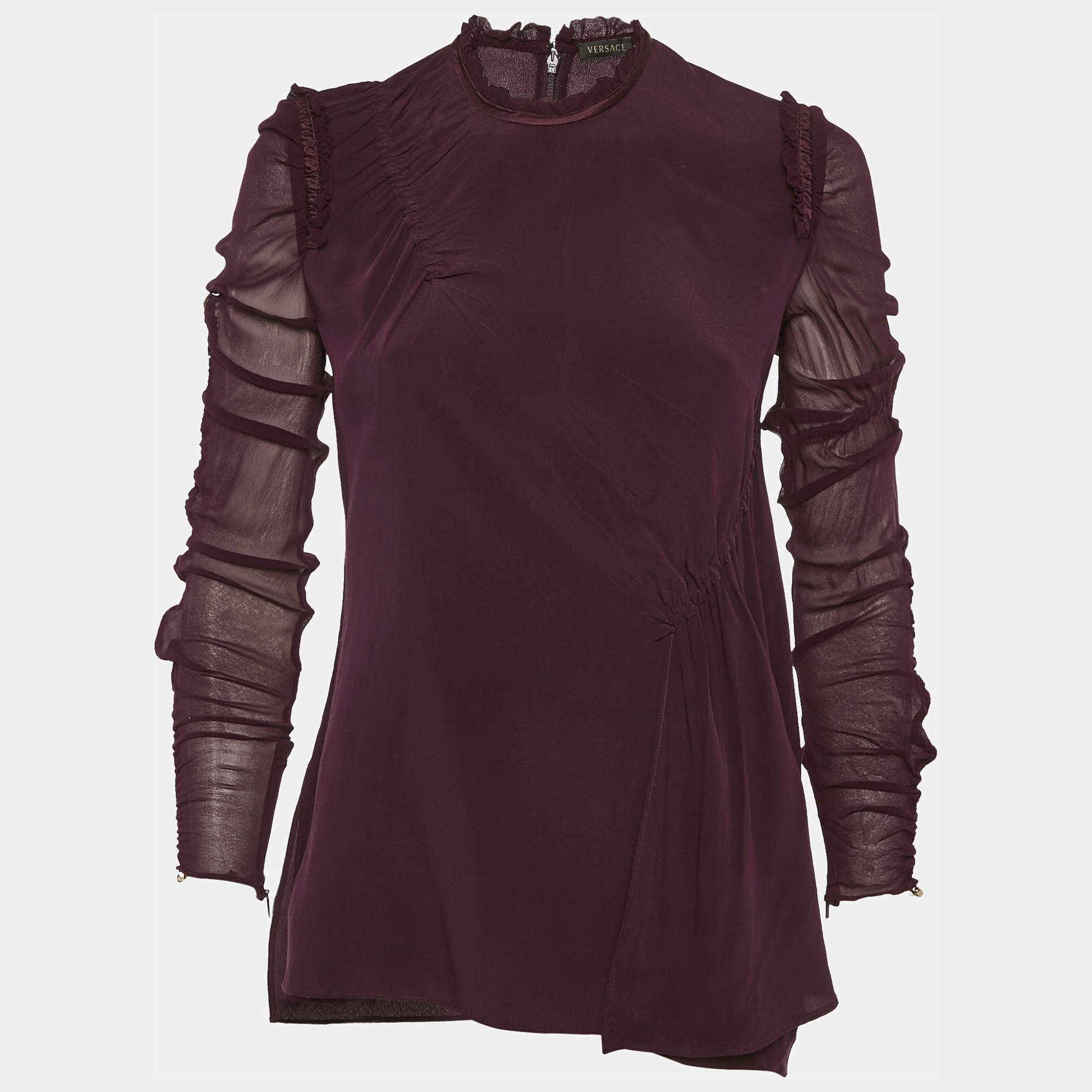Pre Owned Versace Burgundy Silk Crepe Ruffled Top S