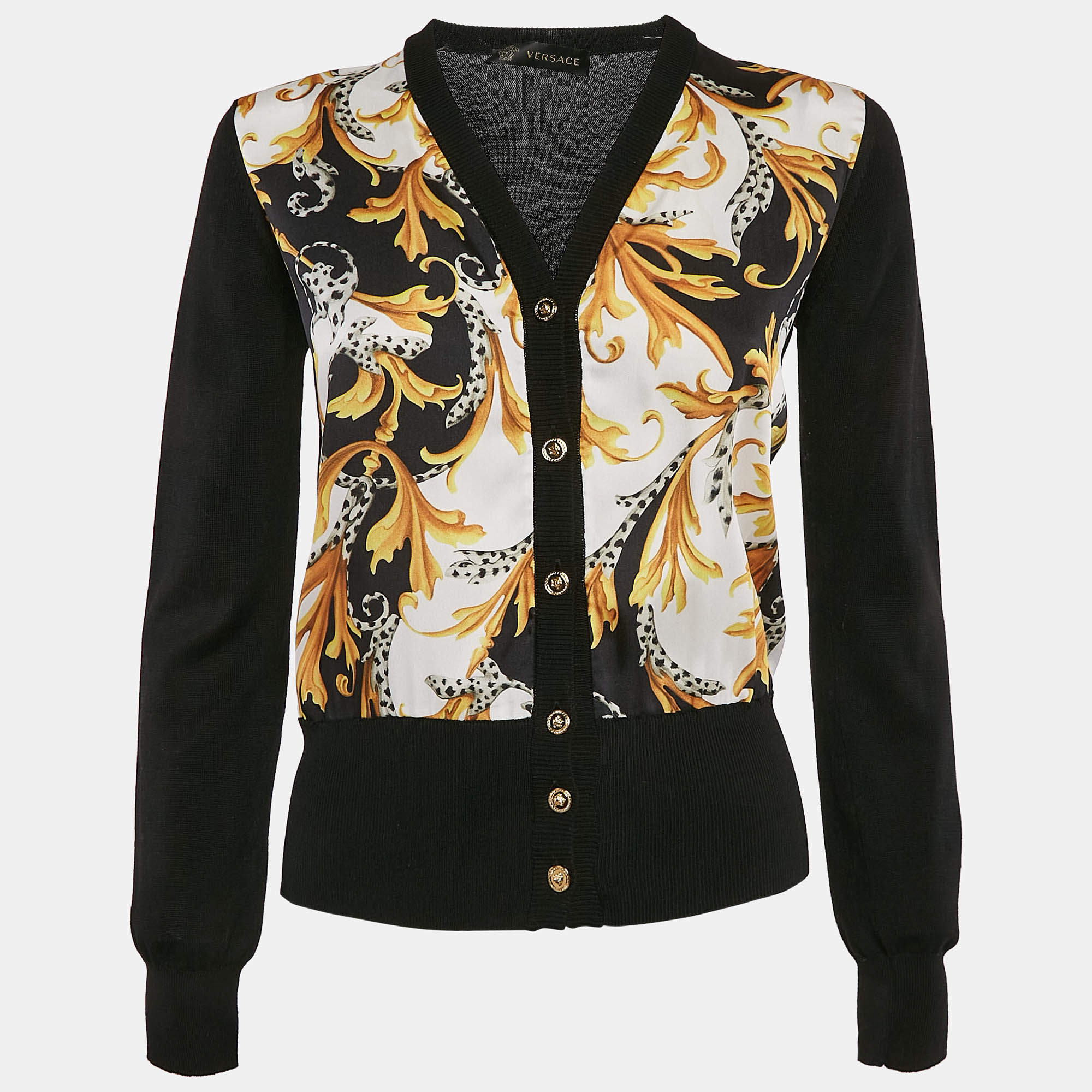 Versace Black/Yellow Barocco Print Crepe and Cotton Cardigan S