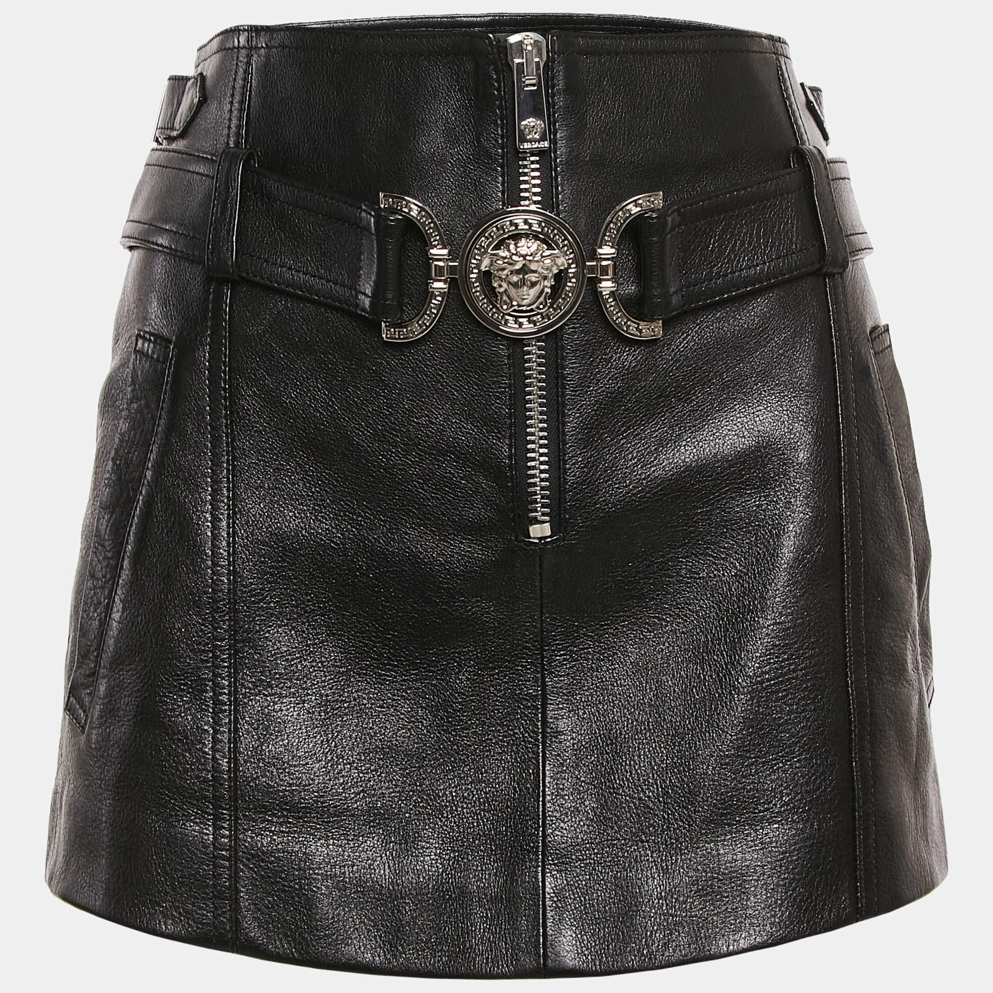 Pre Owned Versace Black Leather Medusa Detail Belt Mini Skirt S