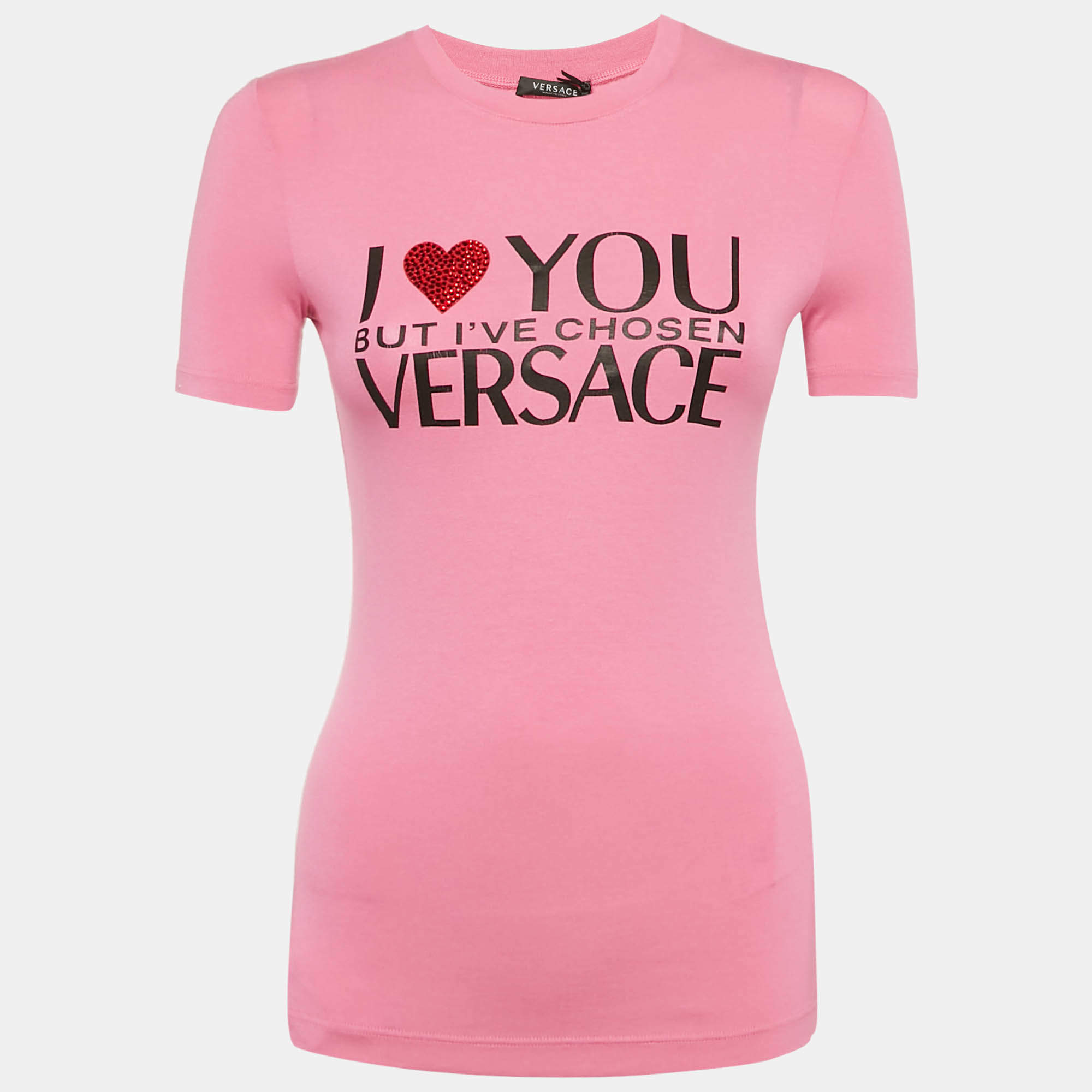 Pre Owned Versace Pink I love Versace Print Jersey T-Shirt XS