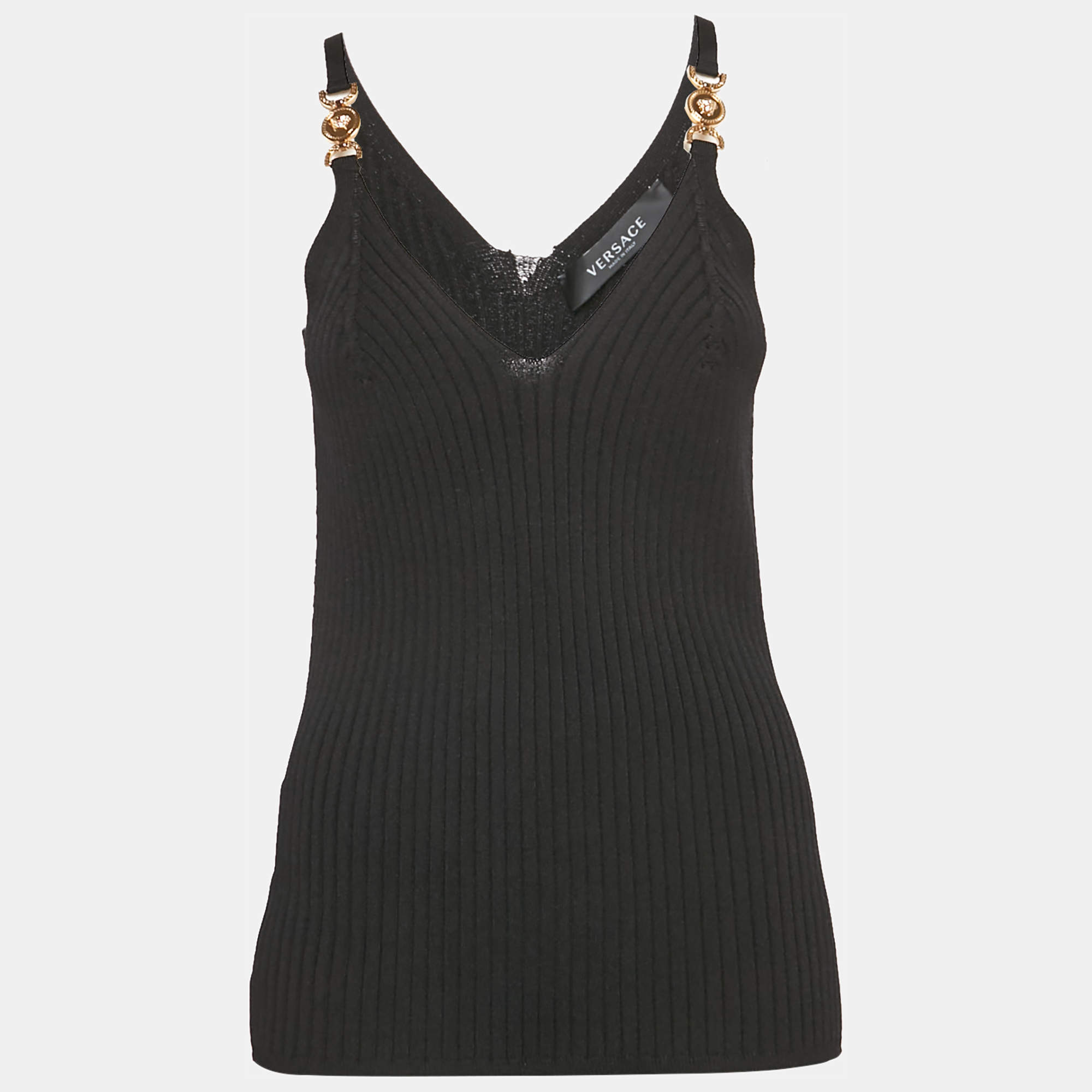 Versace Black Rib Knit Medusa Detail Tank Top L