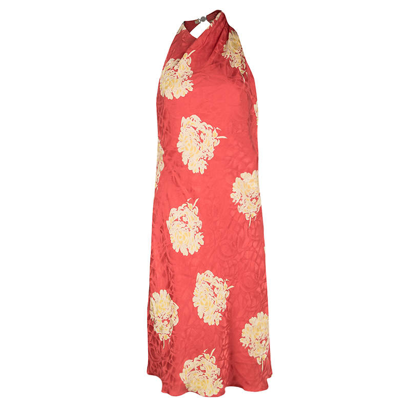 Pre Owned Versace Classic Vintage Orange Floral Print Buckle Detail Draped Halter Dress L