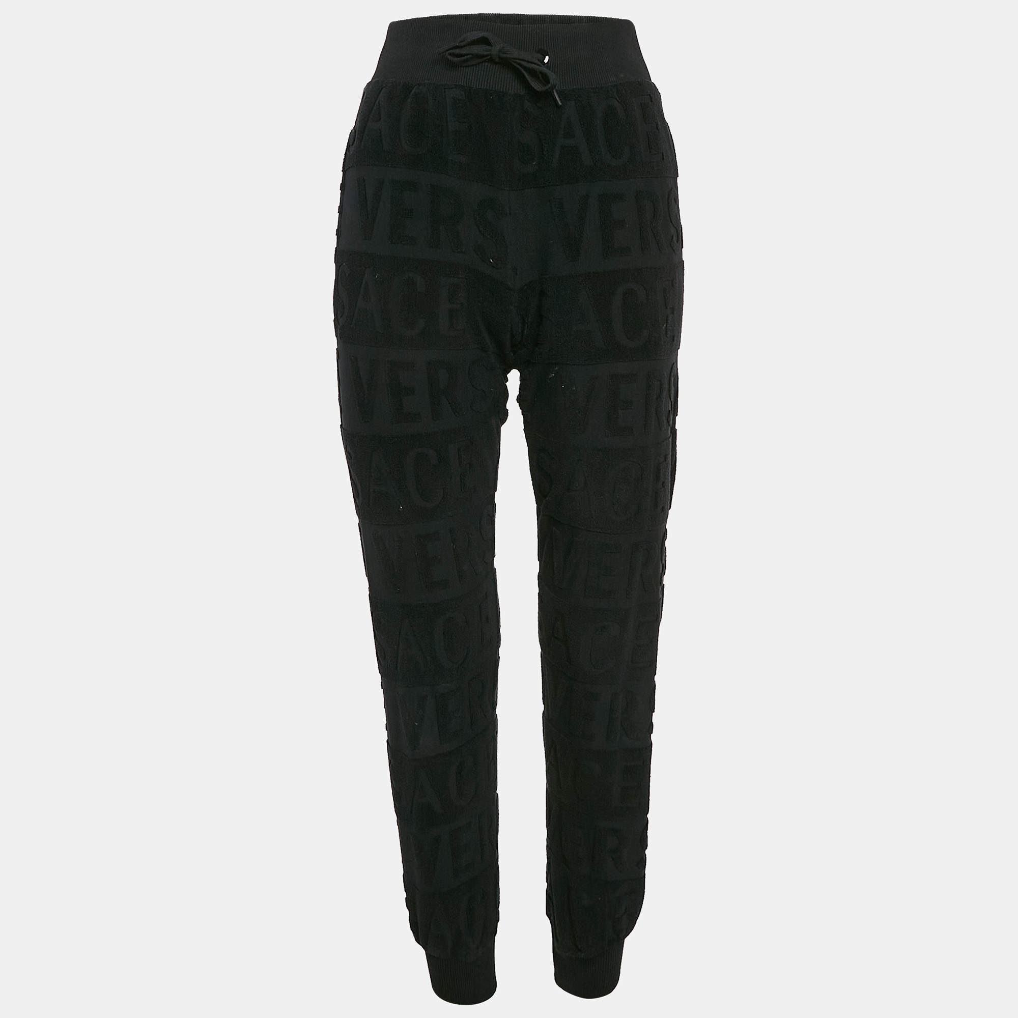Versace Black Monogram Tuft Cotton Knit Joggers XS