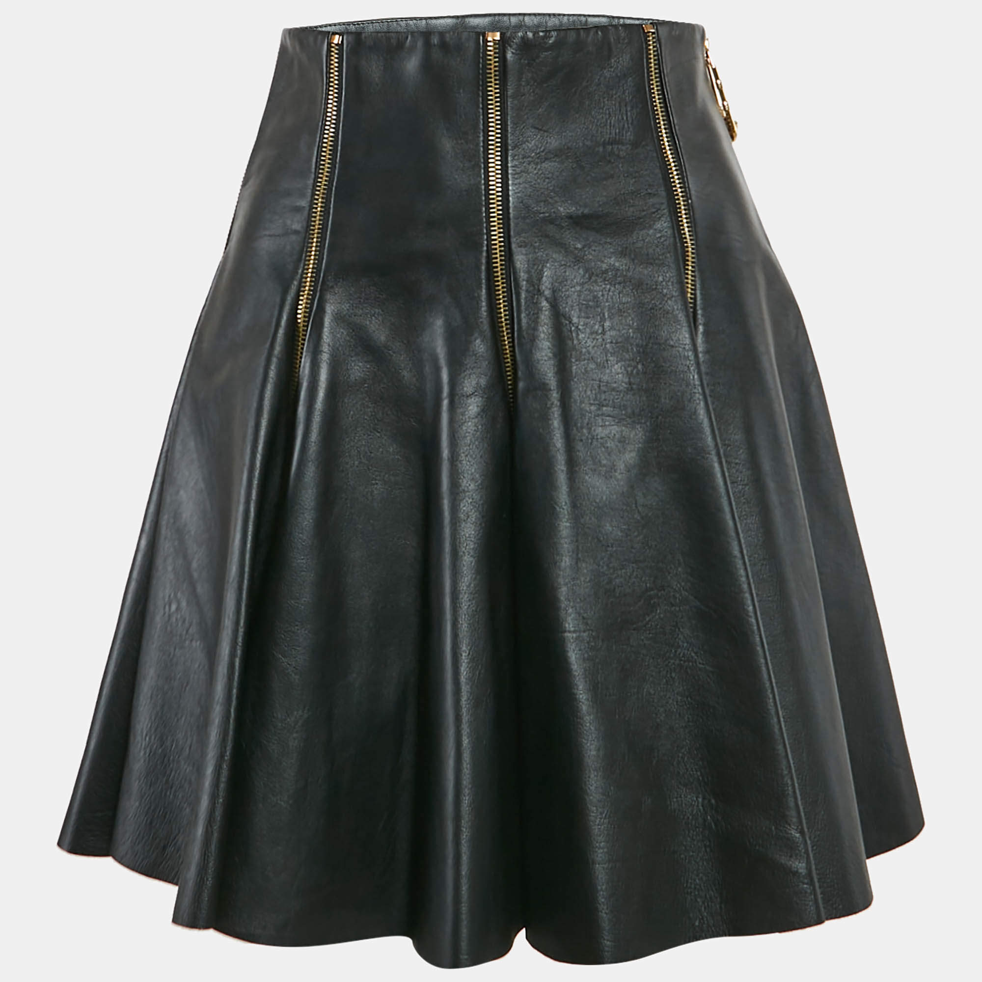Versace Black Leather Zipper Detail Flared Mini Skirt M