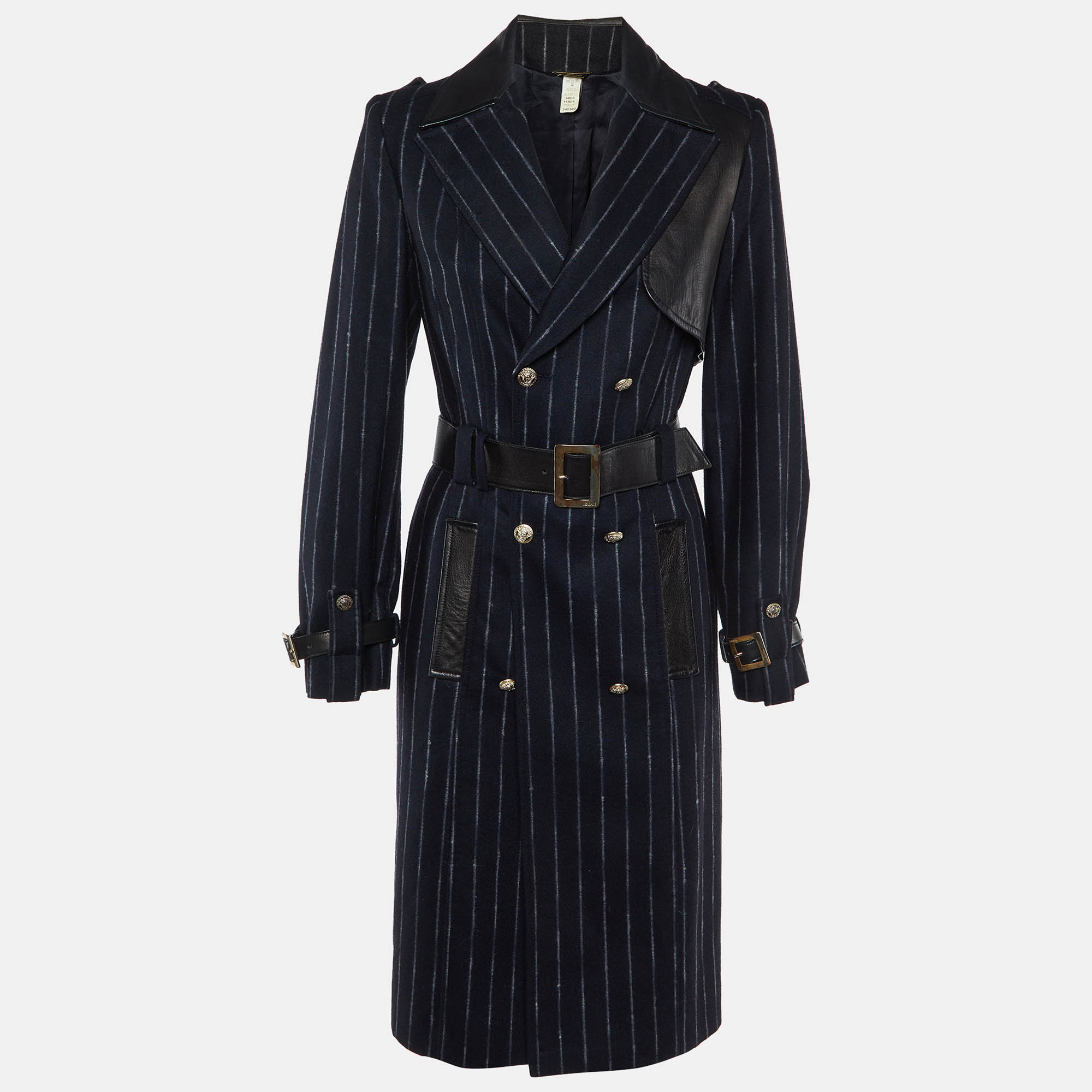 Versace Navy Blue Stripe Wool Belted Double Breasted Trench Coat M