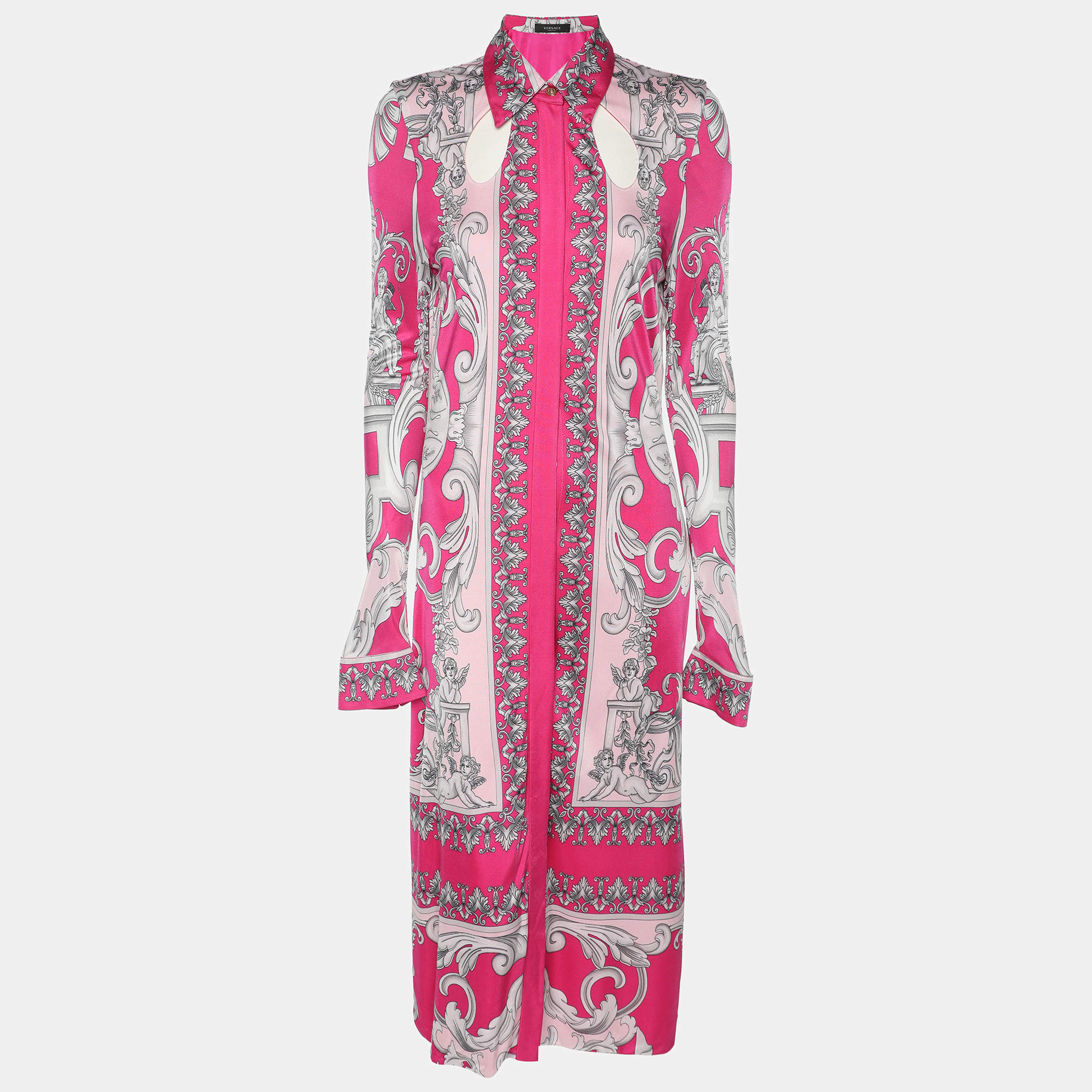 Versace Pink/Silver Satin Baroque Cutout Midi Shirt Dress S