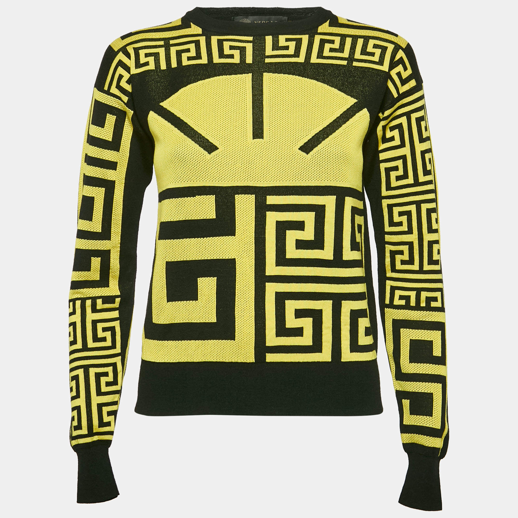 Pre Owned Versace Black/Yellow Greca Pattern Jersey Crewneck Sweatshirt S