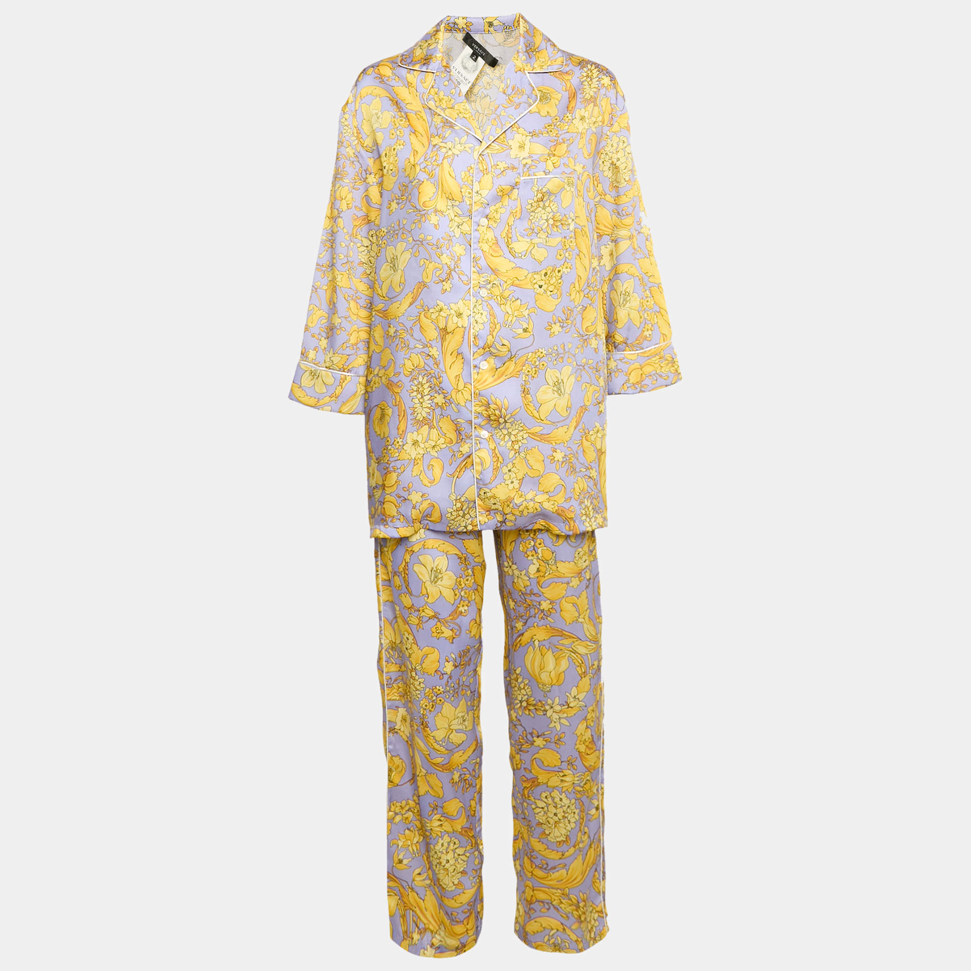 Versace Purple/Yellow Barocco Baroque Print Silk Shirt and Pants Set XS