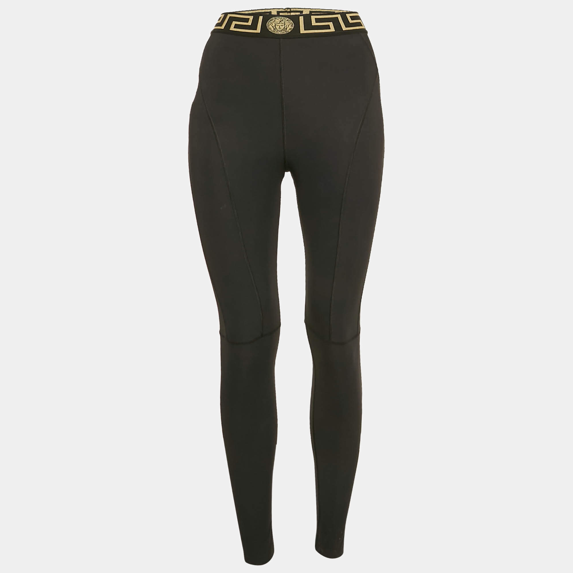 Pre Owned Versace Black Greca Waist Jersey Leggings S