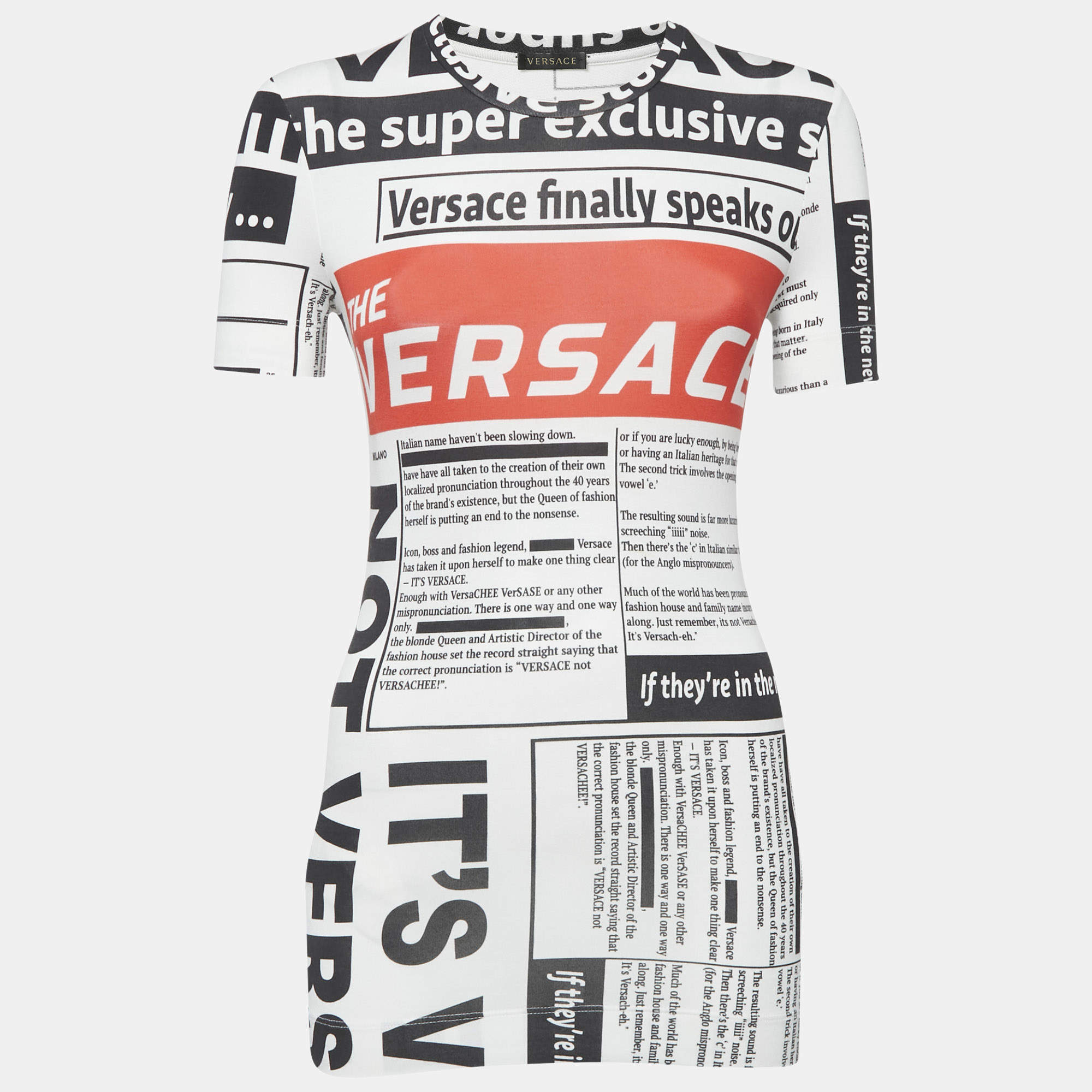 Versace White Newspaper Print Cotton Crew Neck T-Shirt S