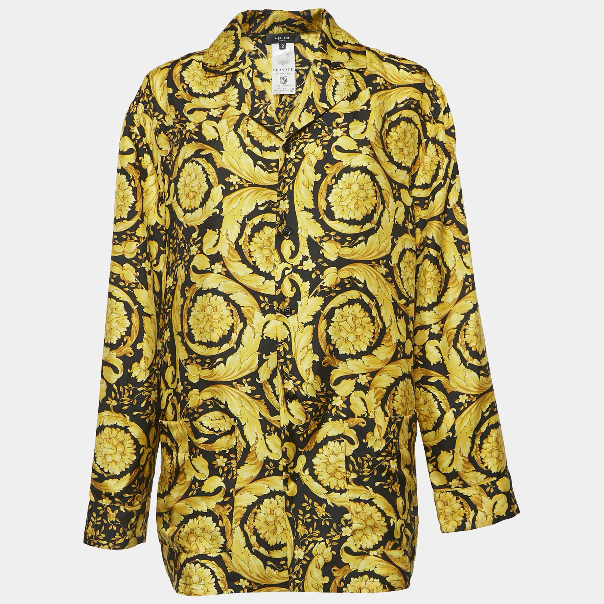 Versace Yellow Barocco Print Silk Pajama Shirt S