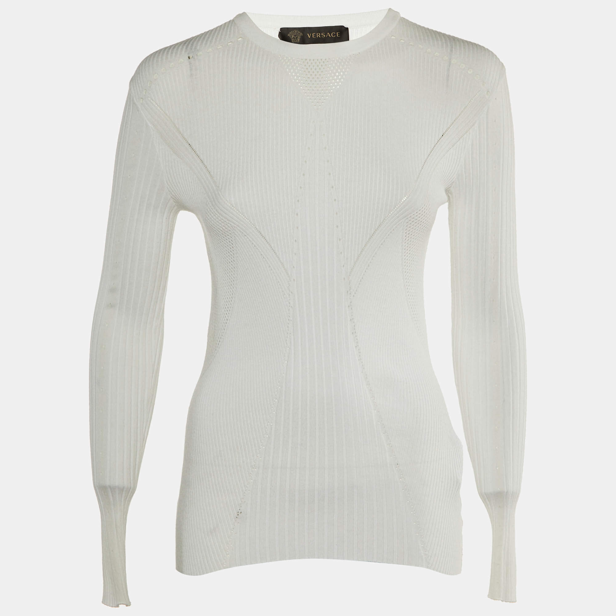 Versace White Rib Knit Crew Neck Jumper M 