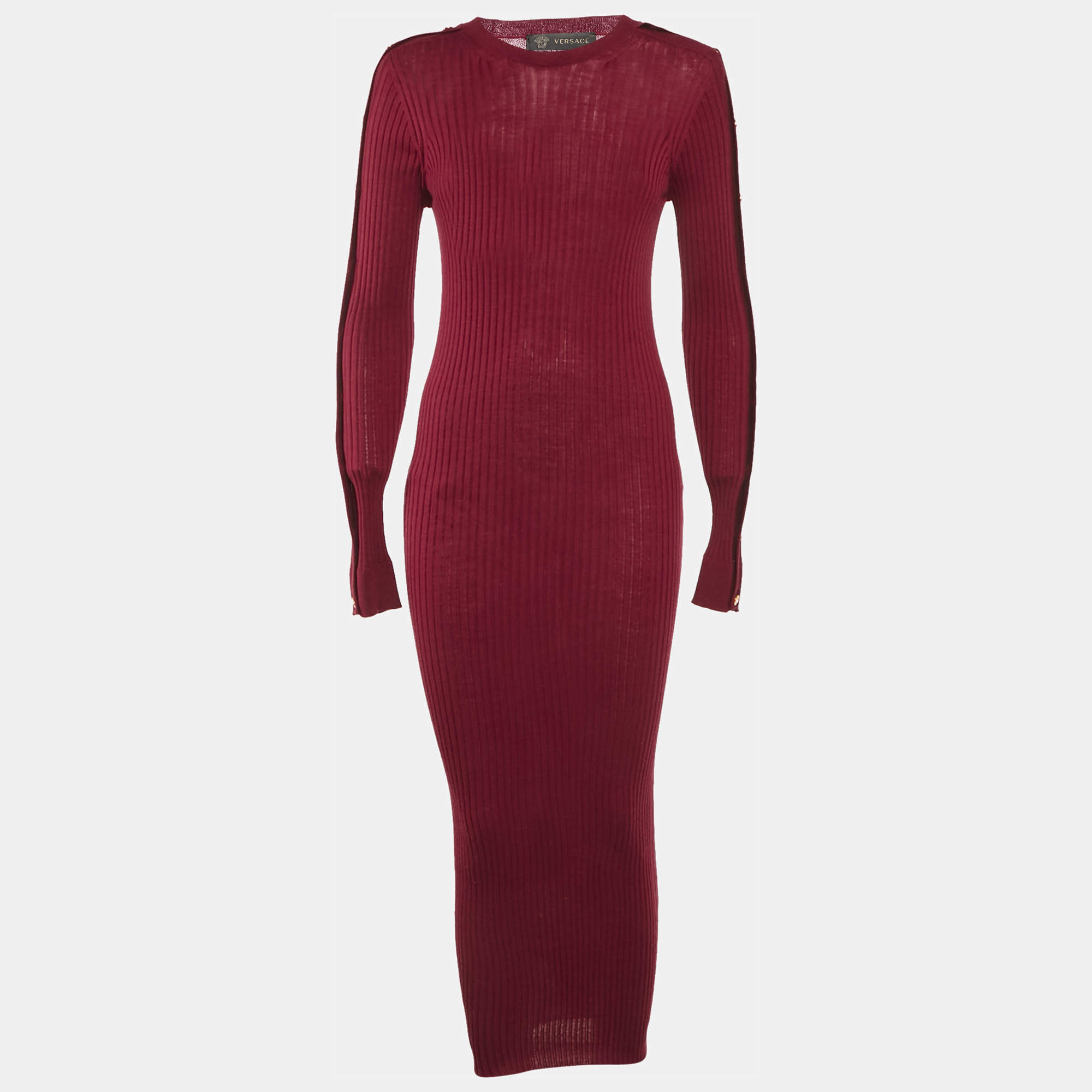 Versace Burgundy Wool Knit Button Detail Maxi Dress M
