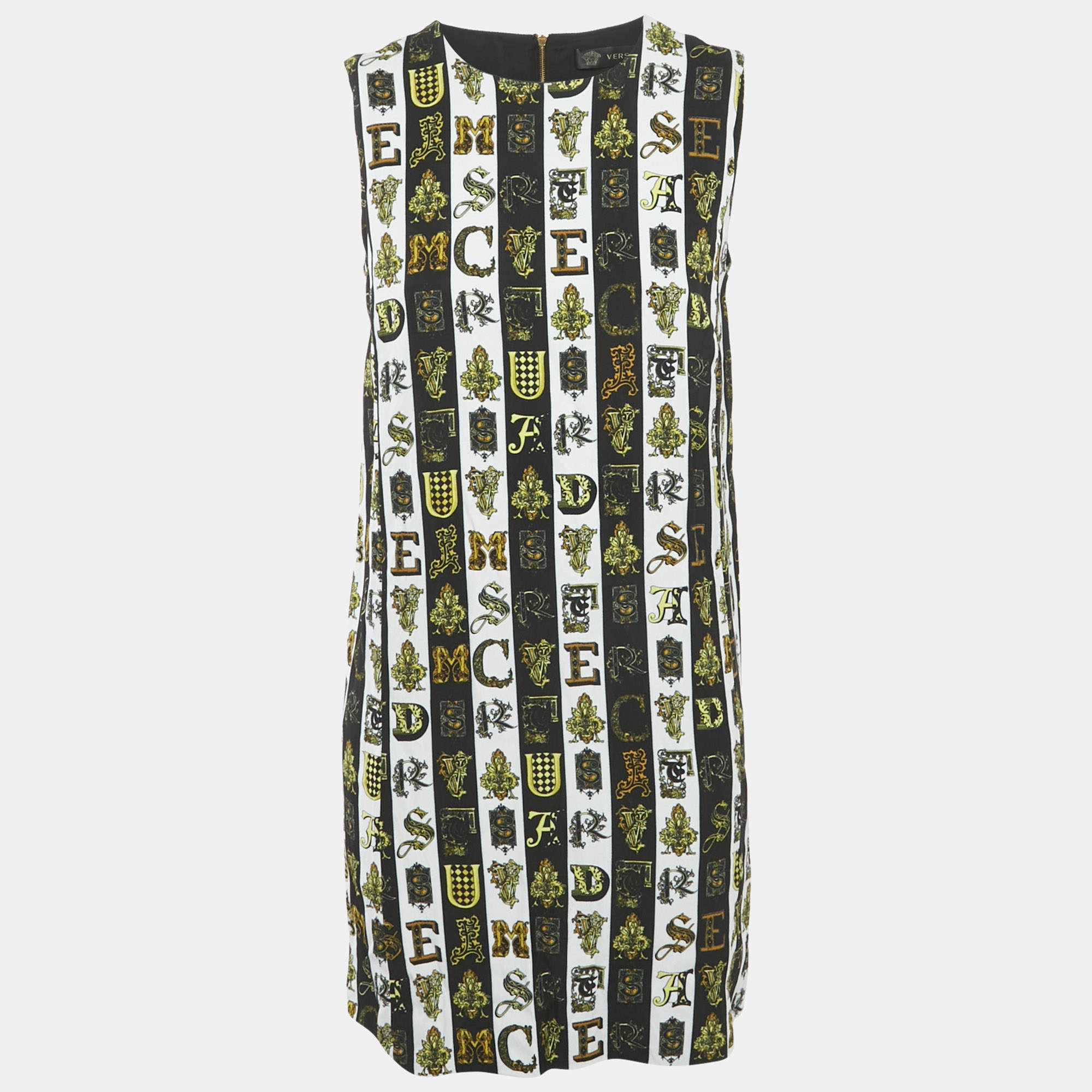 Pre Owned Versace Black/White Printed Crepe Sleeveless Dress M