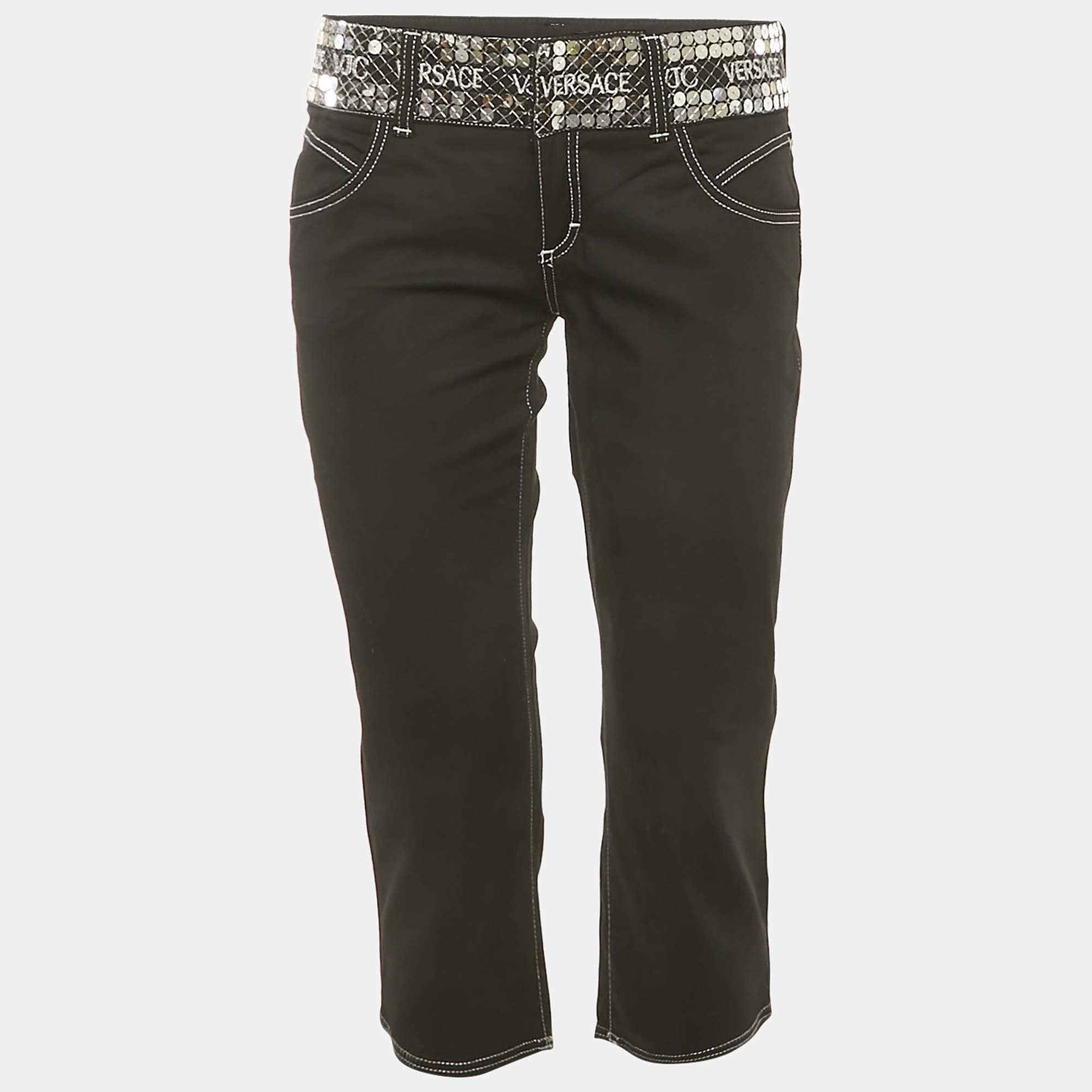 Versace Black Gabardine Cotton Waist Sequin Detail Capri Pants M