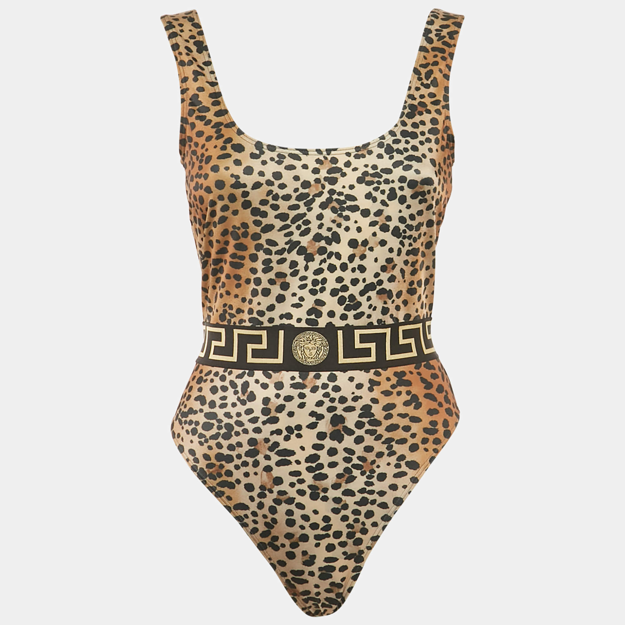 Versace Brown Leopard Print Jersey Greca Trim Swimsuit S
