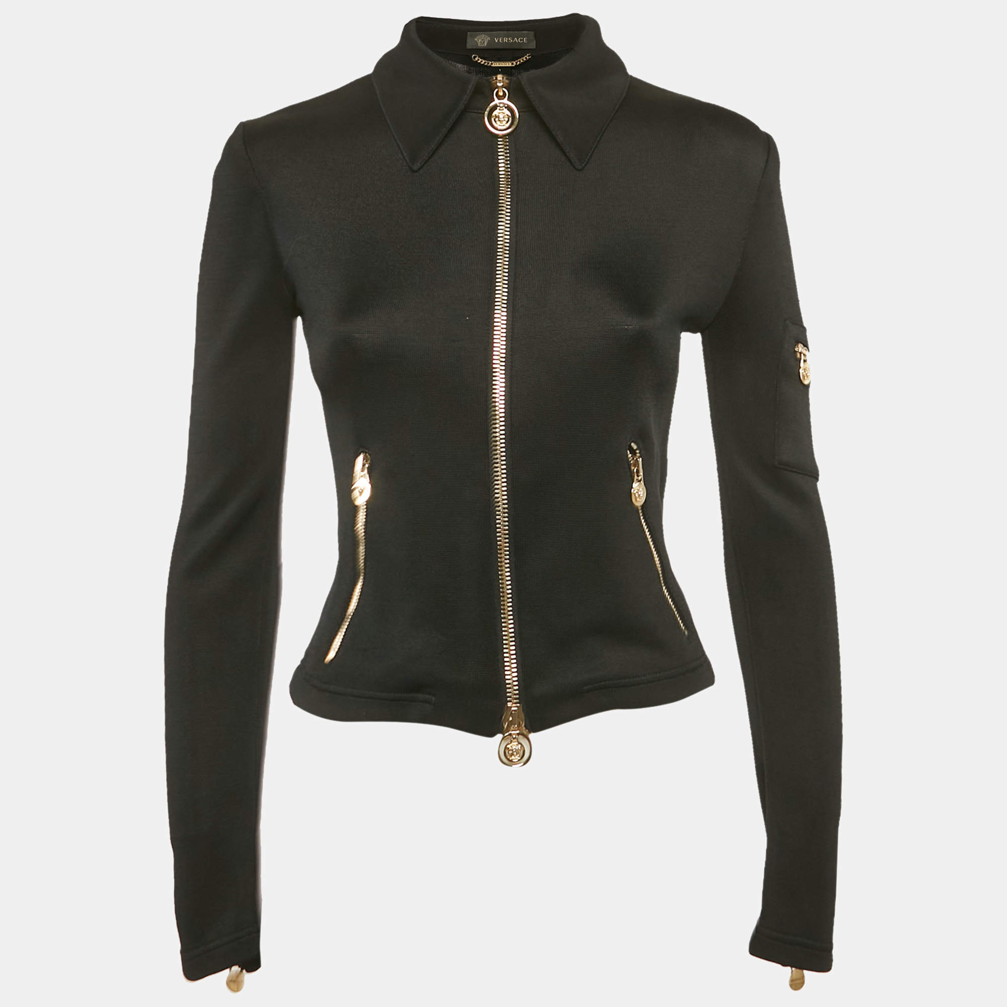 Pre Owned Versace Black Stretch Knit Medusa Hardware Detail Cropped Jacket XXS