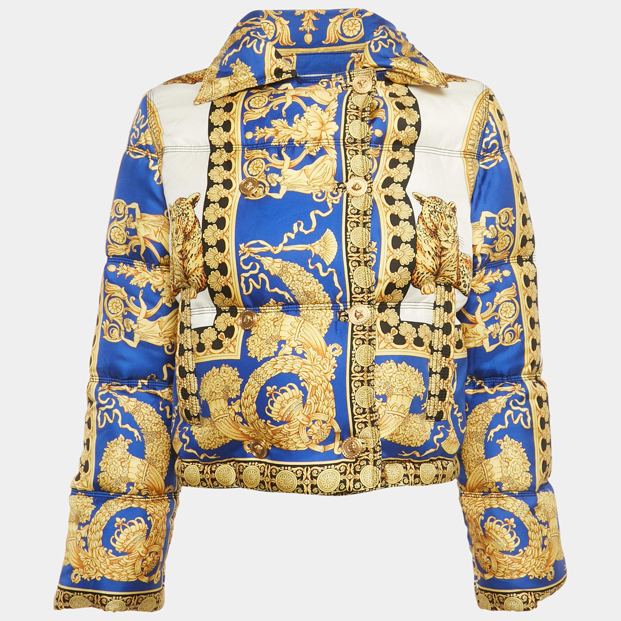 Pre Owned Versace Blue Baroque Print Silk Puffer Down Jacket S 