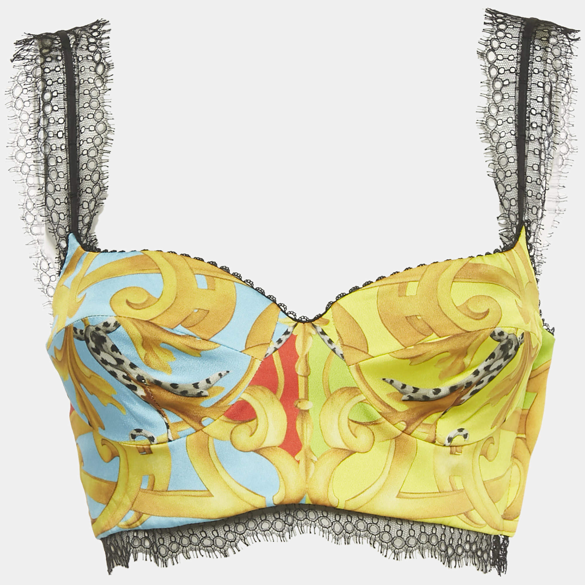 Pre Owned Versace Yellow Printed Lace Detaiil Bralette S