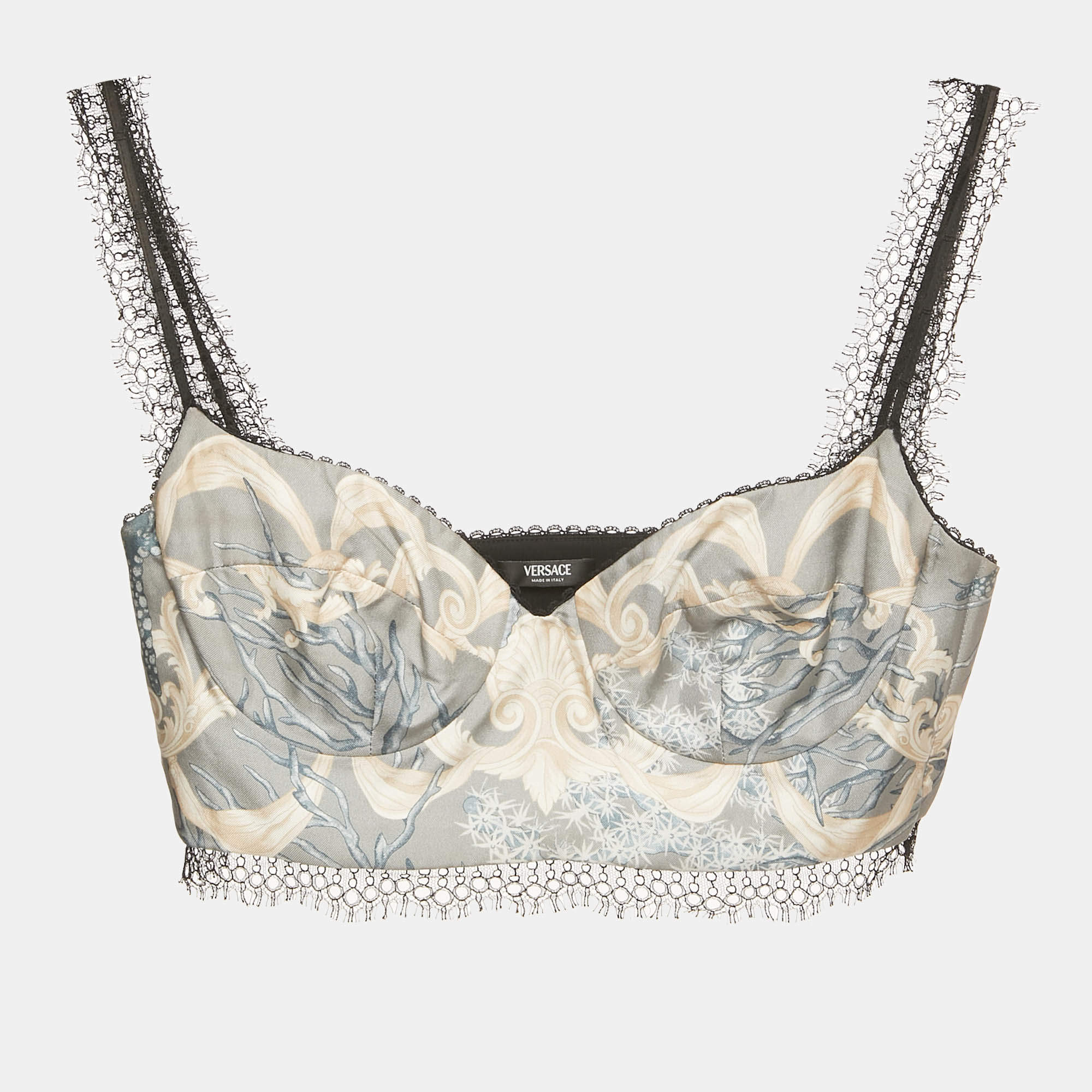 Pre Owned Versace Grey Printed Silk Blend Lace Trim Bralette Top XS