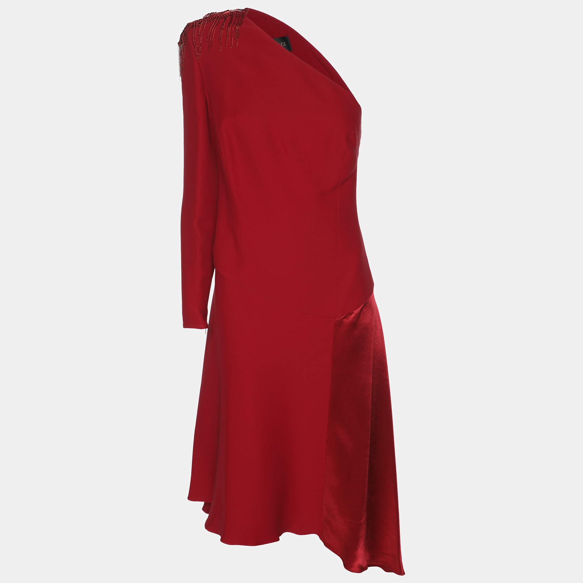 Pre Owned Versace Red Silk Embellished One Off Shoulder Dress M